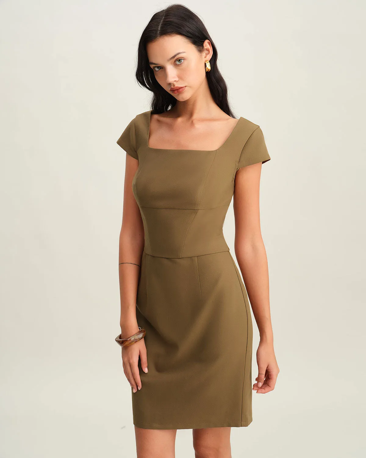 Brown Square Neck Cap Sleeve Mini Dress sold by rihoas product image thumbnail 3