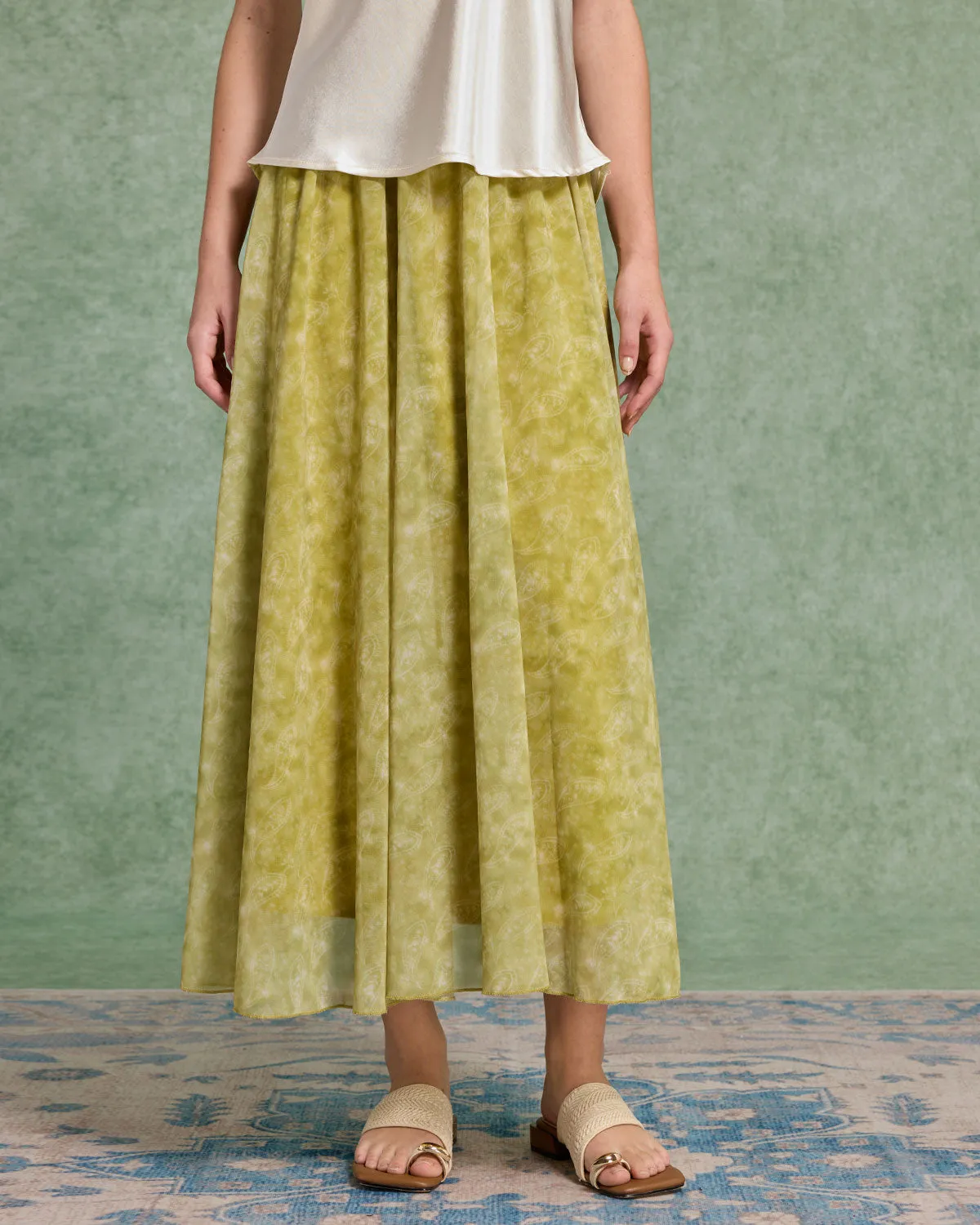 Green Floral Elastic Waist Midi Skirt sold by rihoas