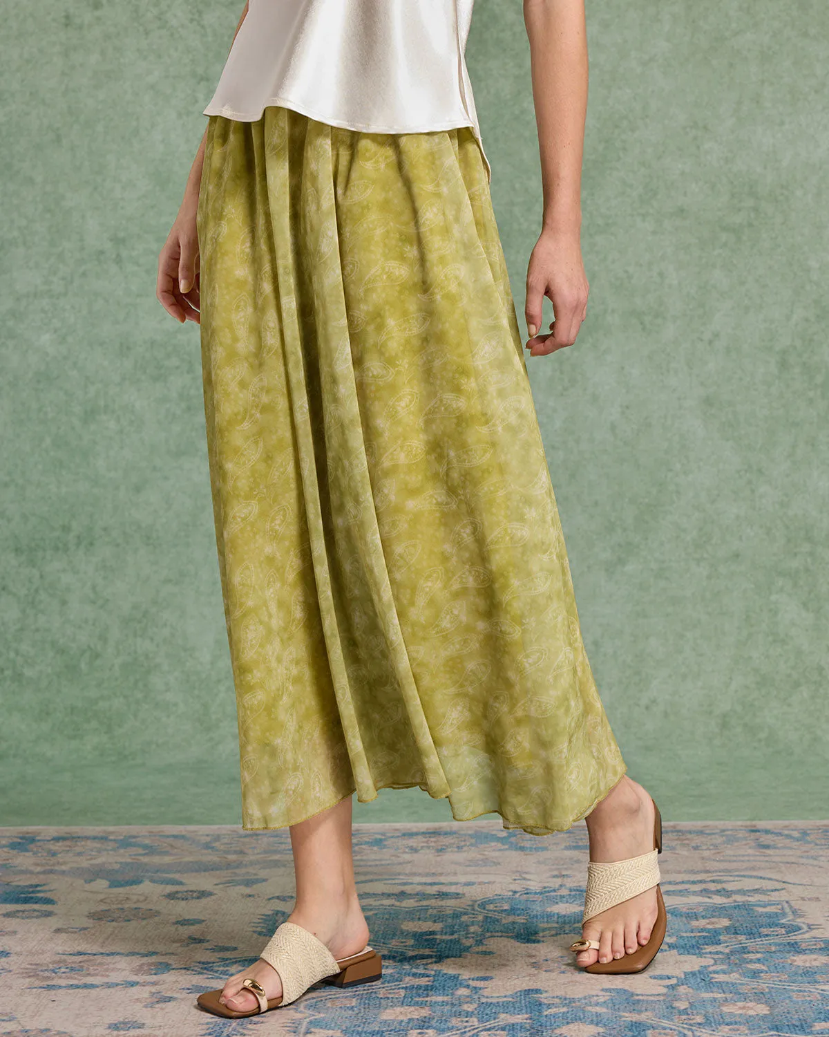Green Floral Elastic Waist Midi Skirt sold by rihoas product image thumbnail 3