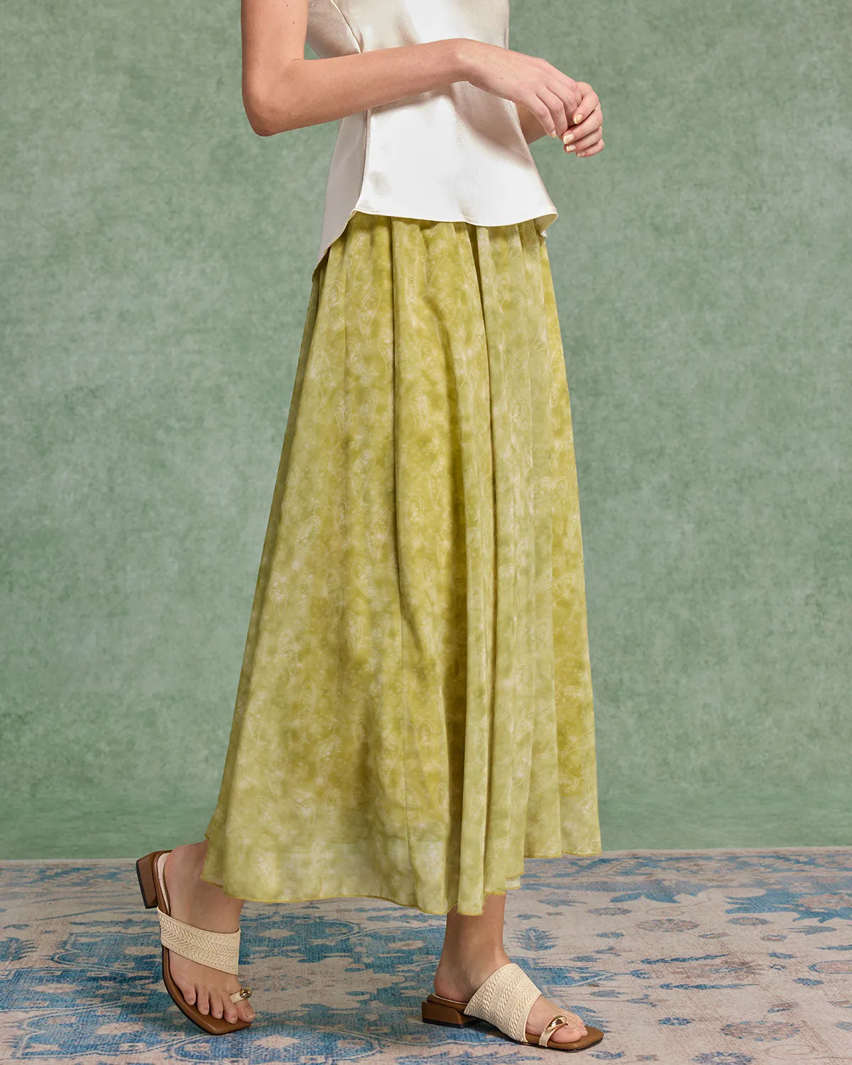 Green Floral Elastic Waist Midi Skirt sold by rihoas product image thumbnail 2
