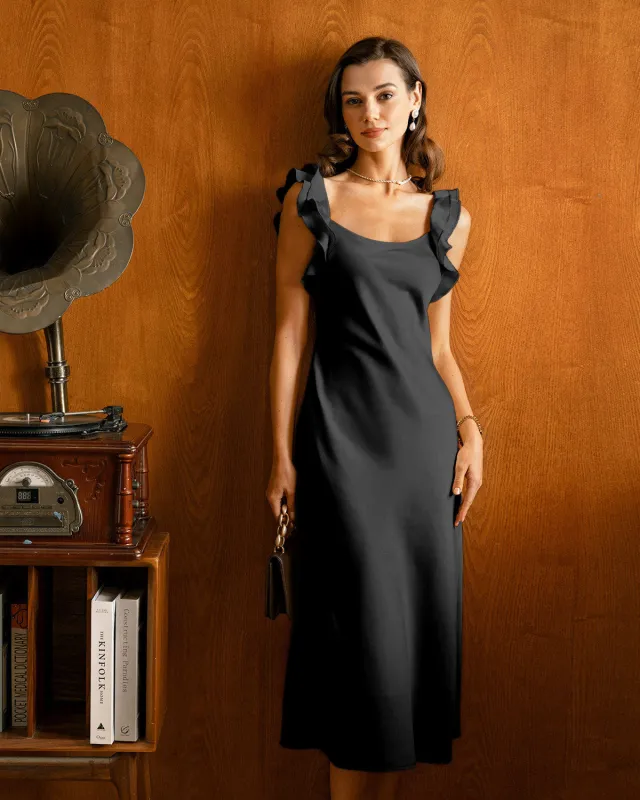 Black Ruffle Square Neck Slip Midi Dress made by rihoas