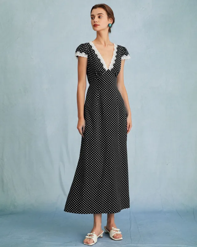 Black Polka Dot Lace Trim Maxi Dress made by rihoas