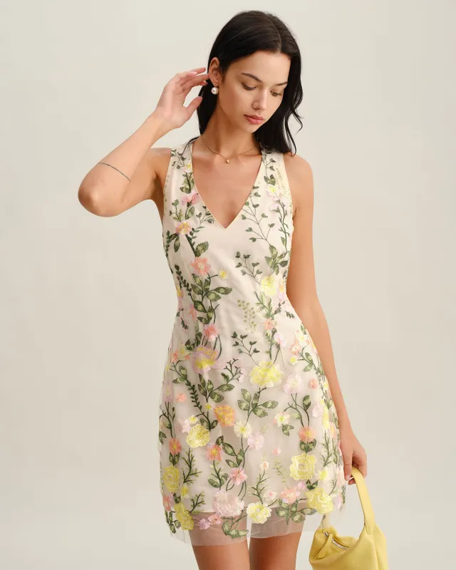 Yellow V Neck Floral Sleeveless Mini Dress sold by rihoas