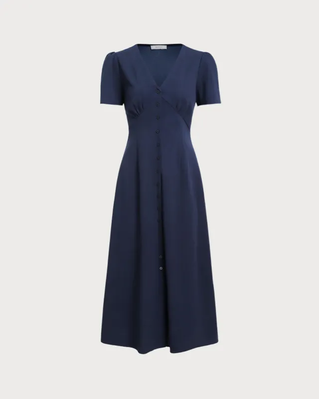 Blue V Neck Button Pleated Midi Dress sold by rihoas