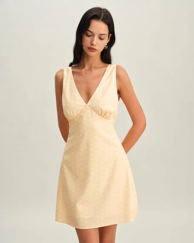 Yellow V Neck Polka Dot Sleeveless Mini Dress sold by rihoas