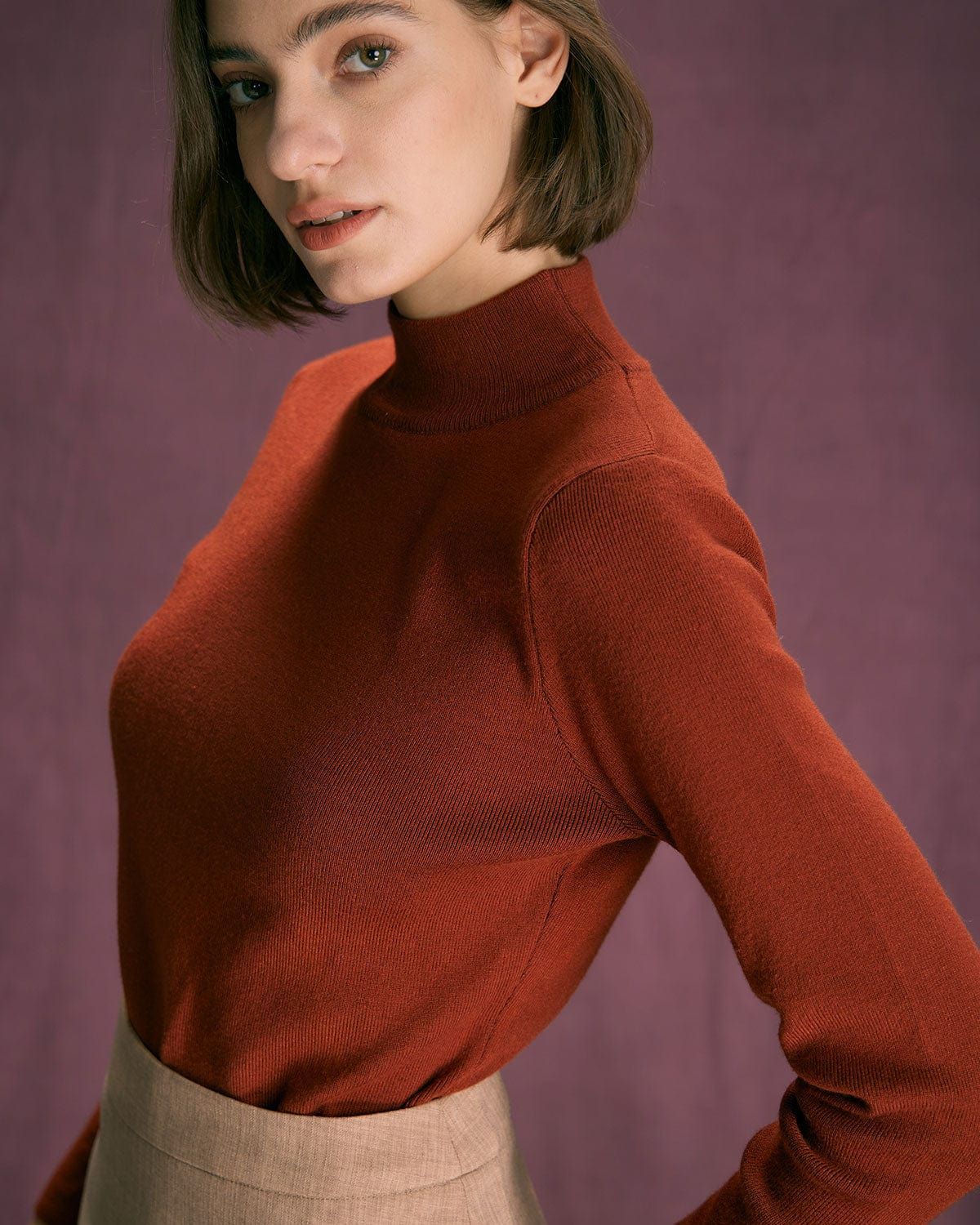 The Brown Mock Neck Button Ribbed Knit Top sold by rihoas product image thumbnail 4