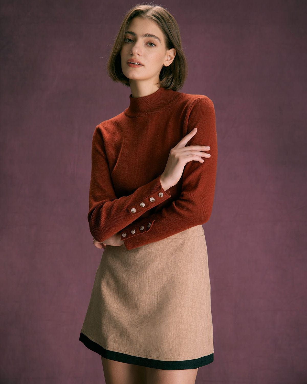 The Brown Mock Neck Button Ribbed Knit Top sold by rihoas