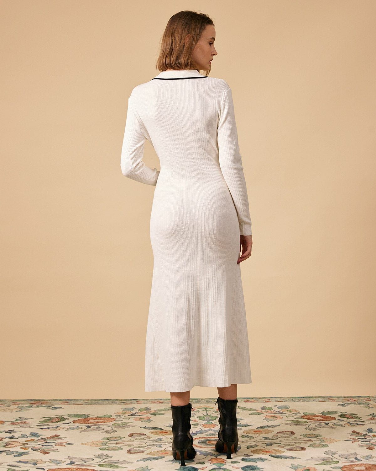 The Contrast Collared Ribbed Knit Midi Dress sold by rihoas product image thumbnail 4
