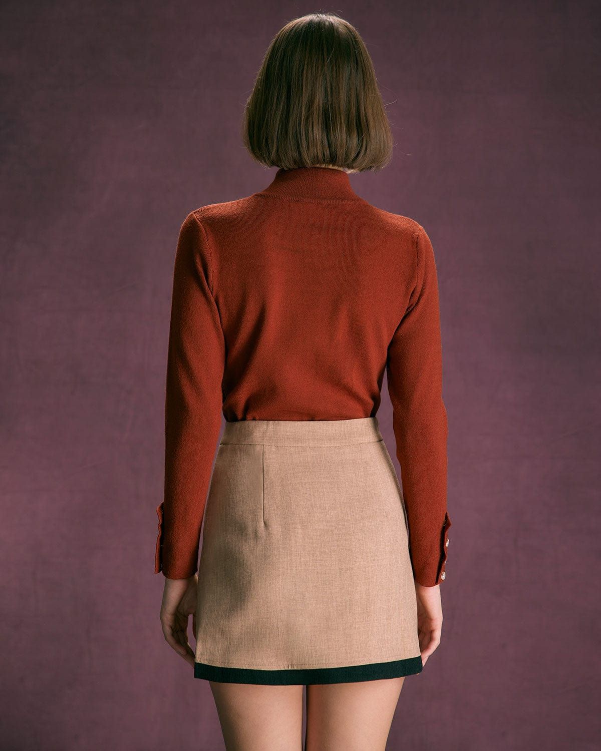 The Brown Mock Neck Button Ribbed Knit Top sold by rihoas product image thumbnail 5