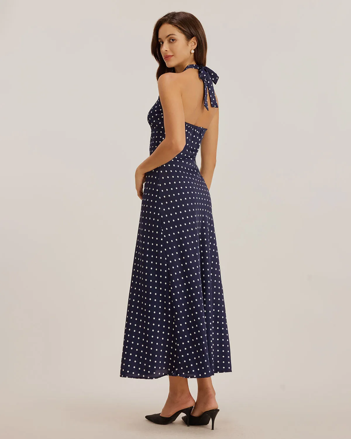 Blue Polka Dot Halter Maxi Dress sold by rihoas product image thumbnail 5