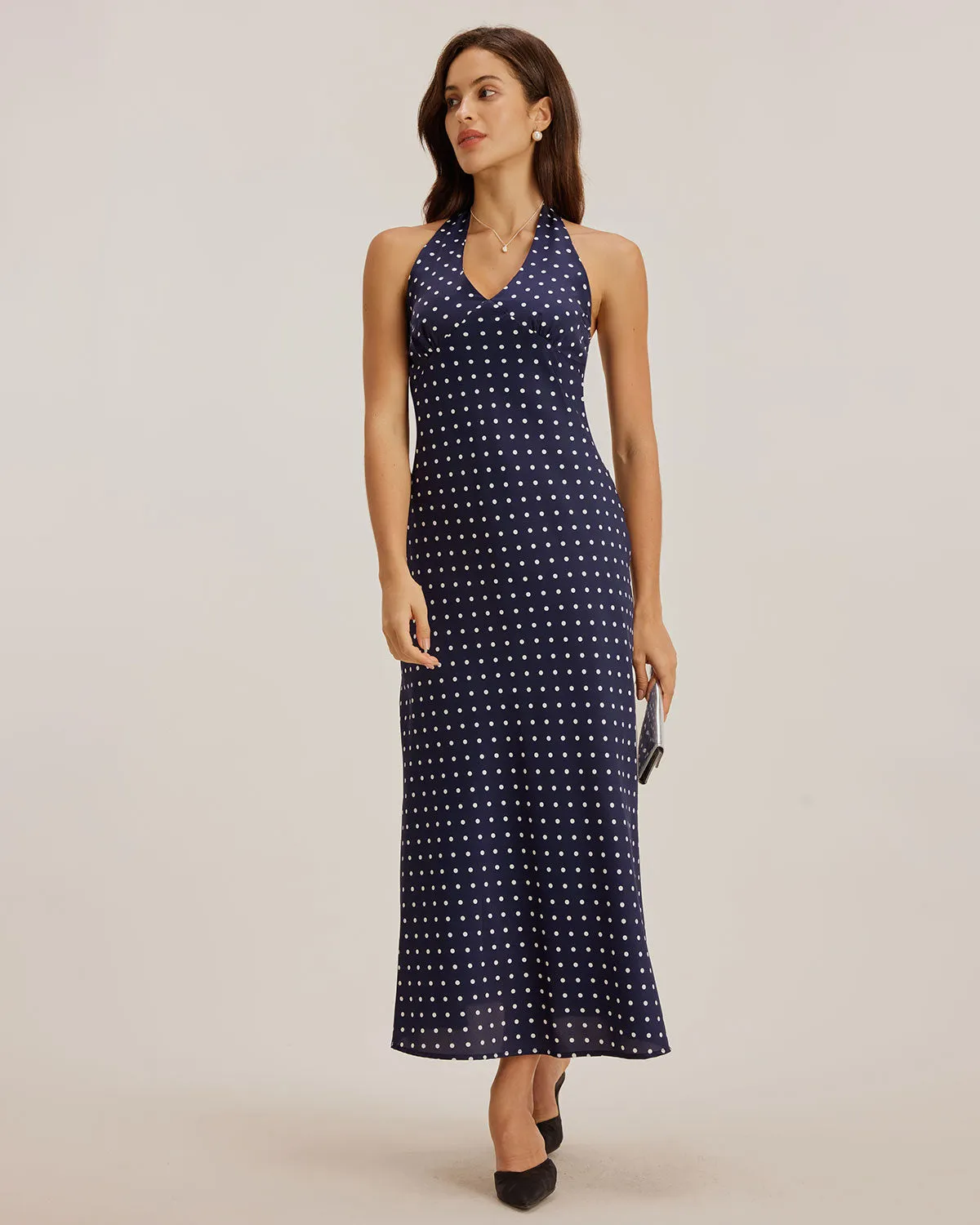 Blue Polka Dot Halter Maxi Dress sold by rihoas