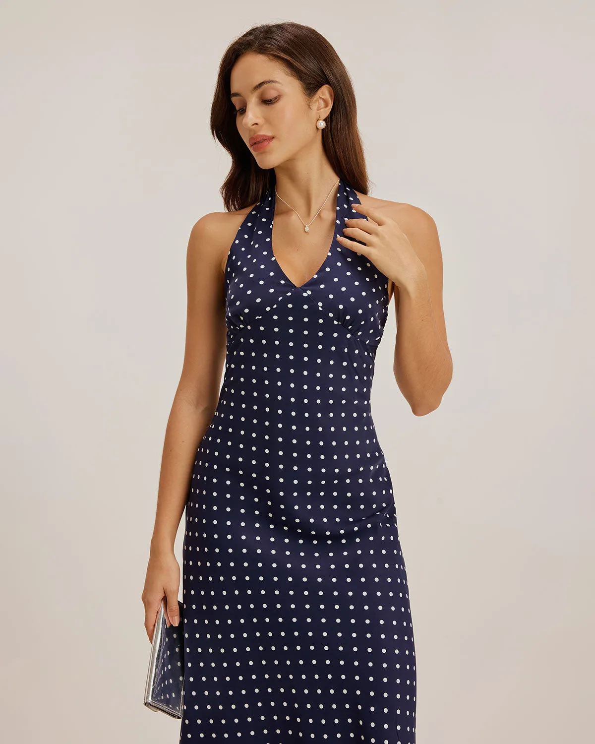 Blue Polka Dot Halter Maxi Dress sold by rihoas product image thumbnail 3