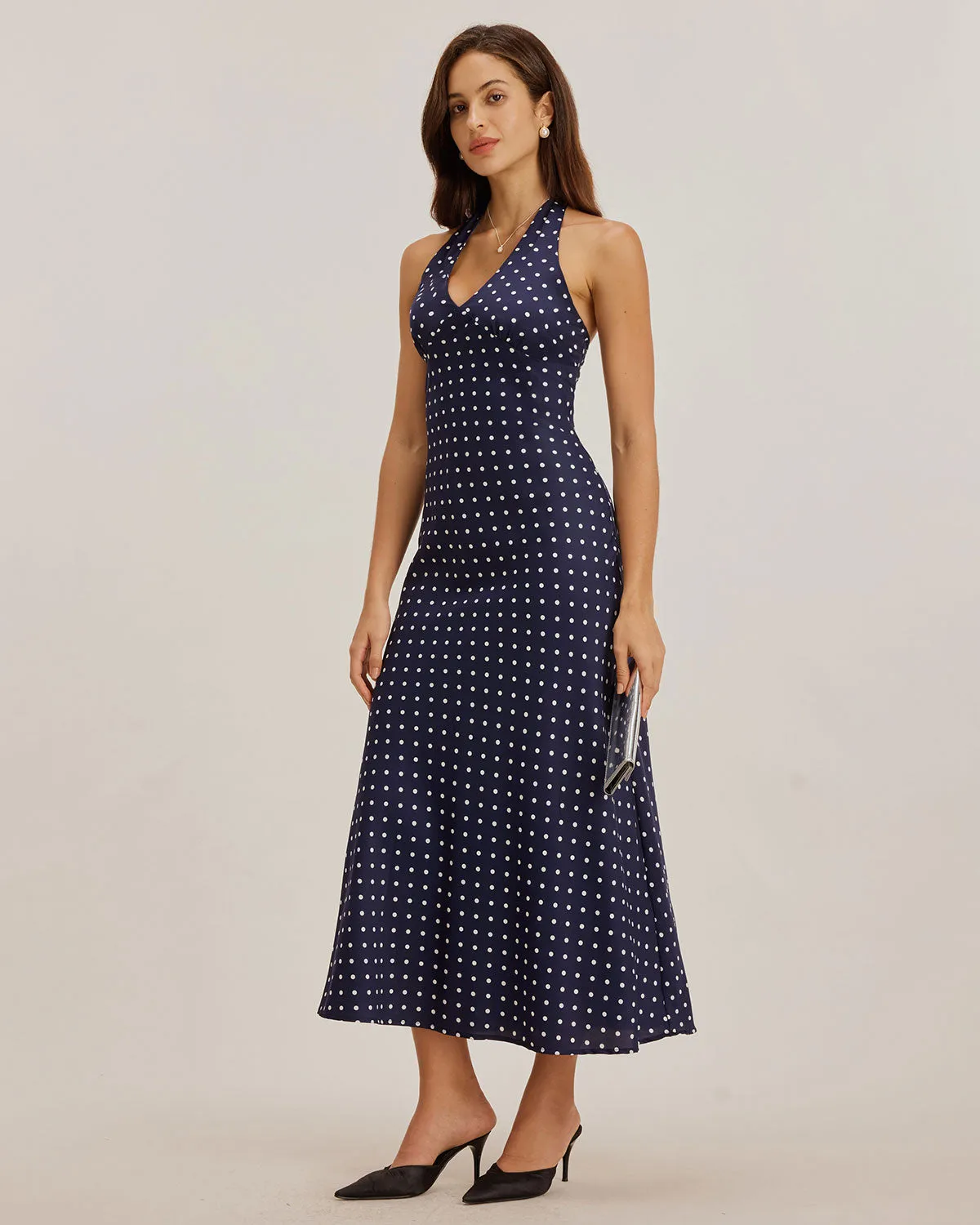 Blue Polka Dot Halter Maxi Dress sold by rihoas product image thumbnail 4
