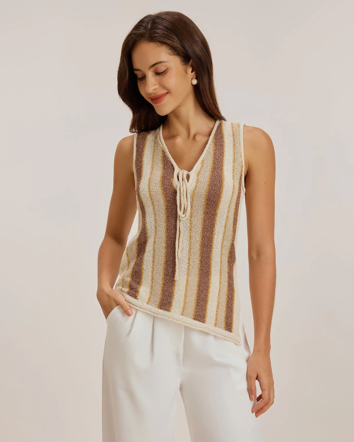Khaki Striped V Neck Tank Top sold by rihoas