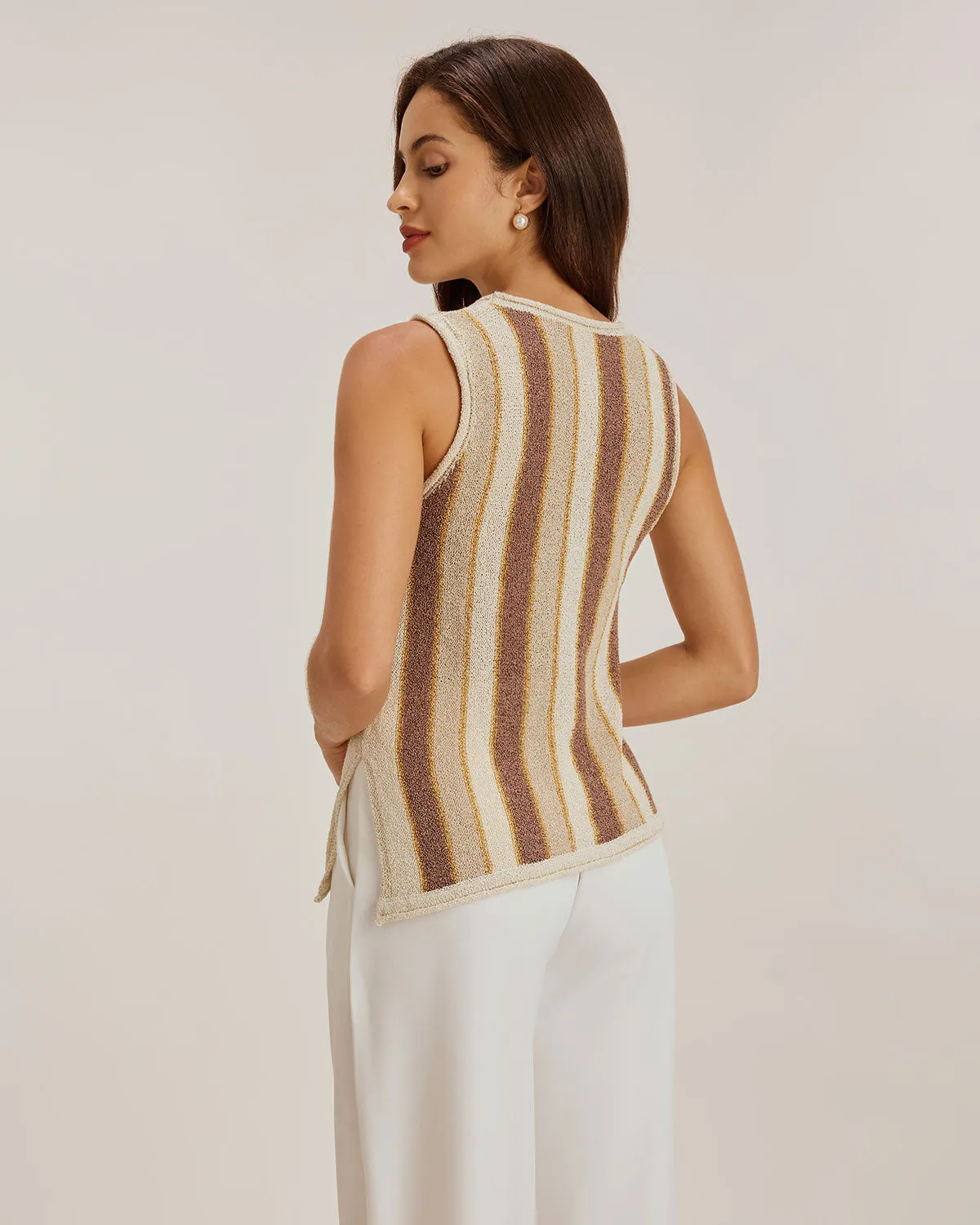 Khaki Striped V Neck Tank Top sold by rihoas product image thumbnail 4