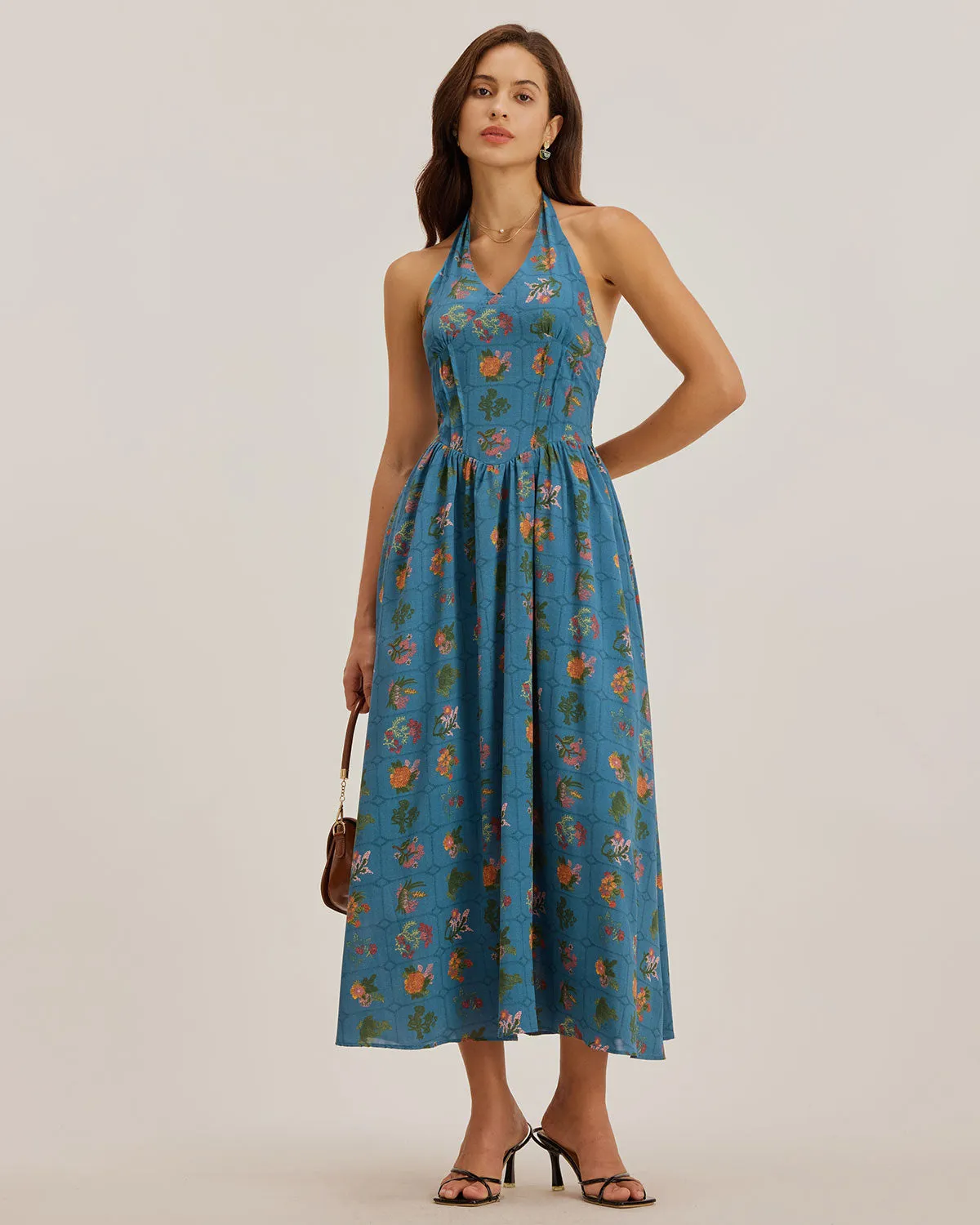 Blue Floral Halter Maxi Dress sold by rihoas