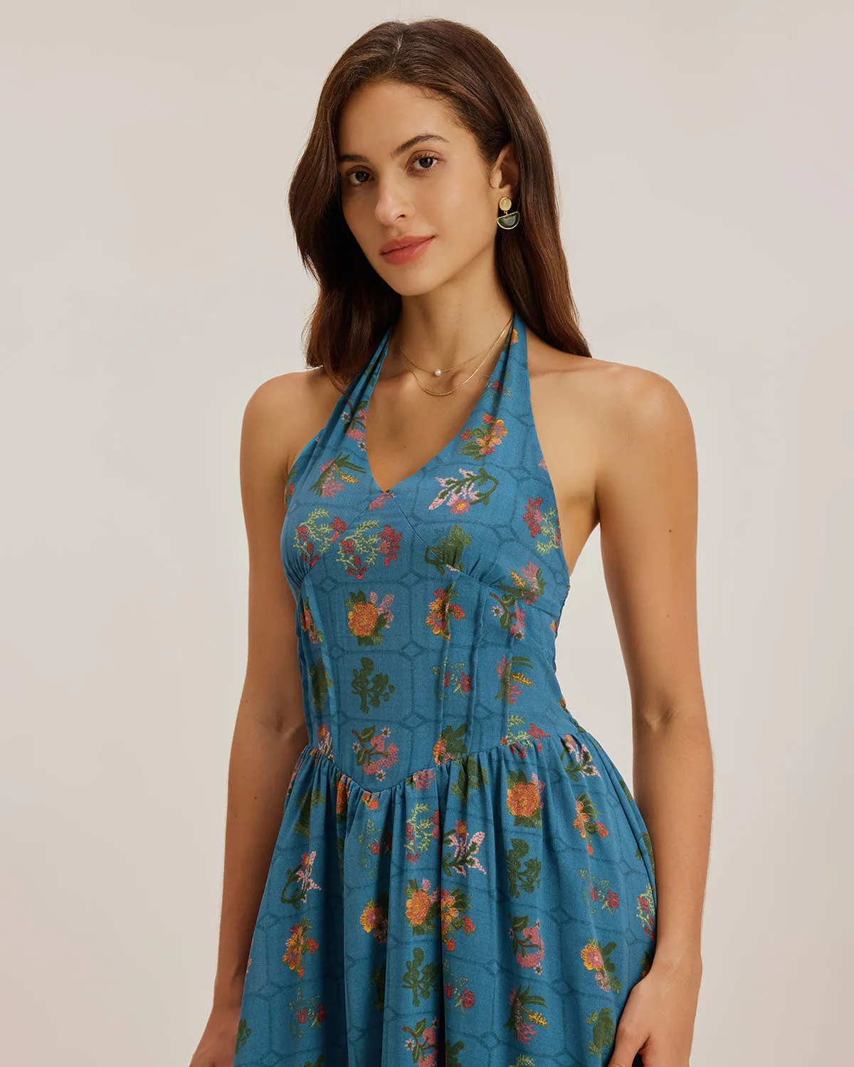 Blue Floral Halter Maxi Dress sold by rihoas product image thumbnail 2