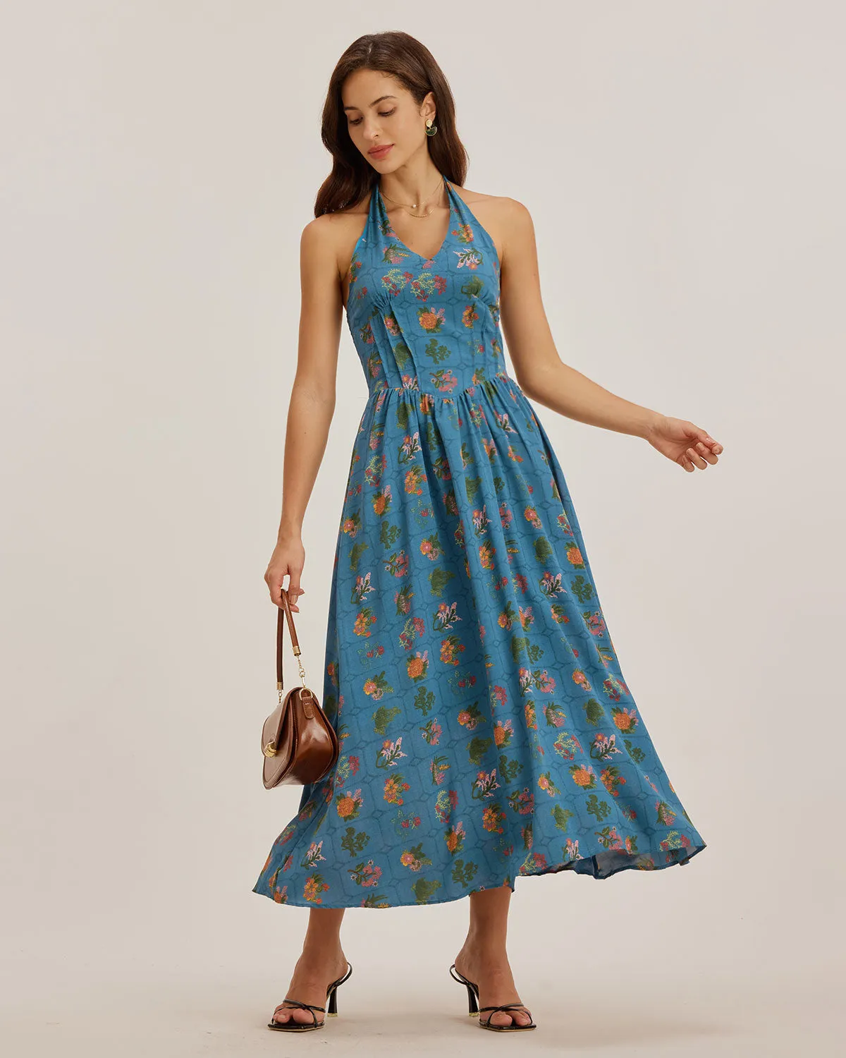Blue Floral Halter Maxi Dress sold by rihoas product image thumbnail 4