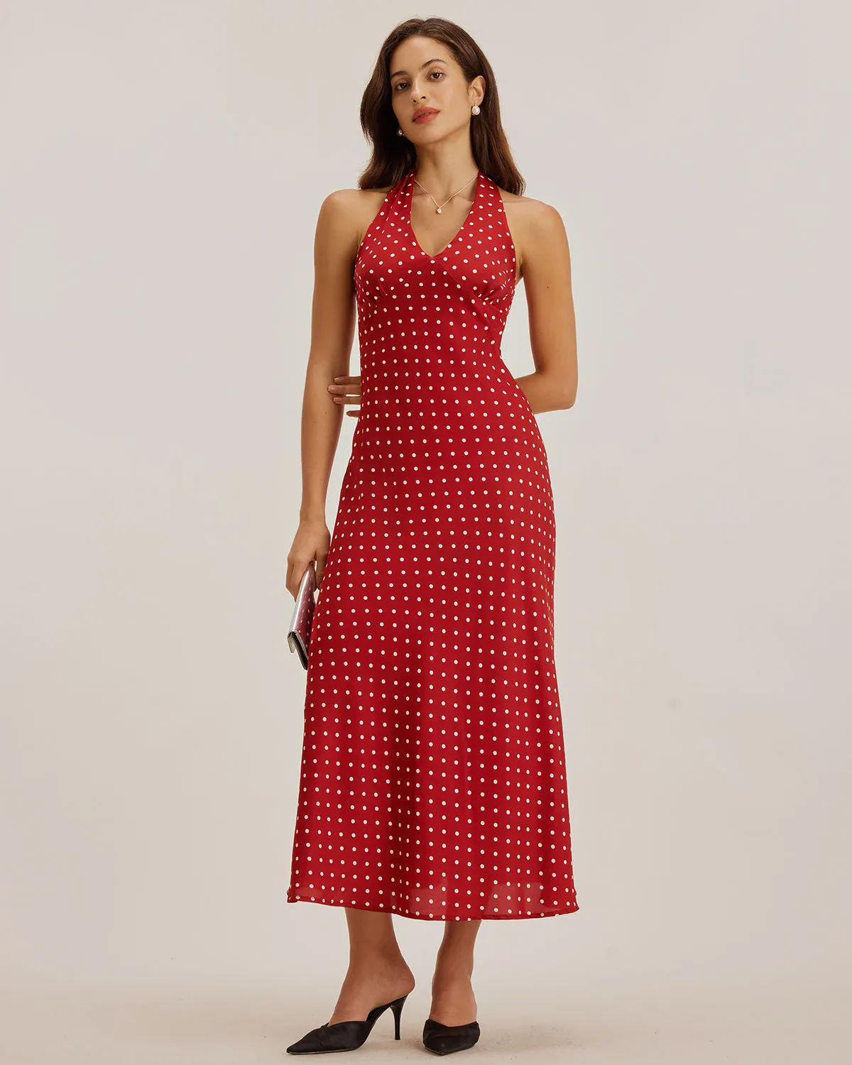 Red Polka Dot Halter Maxi Dress sold by rihoas product image thumbnail 5