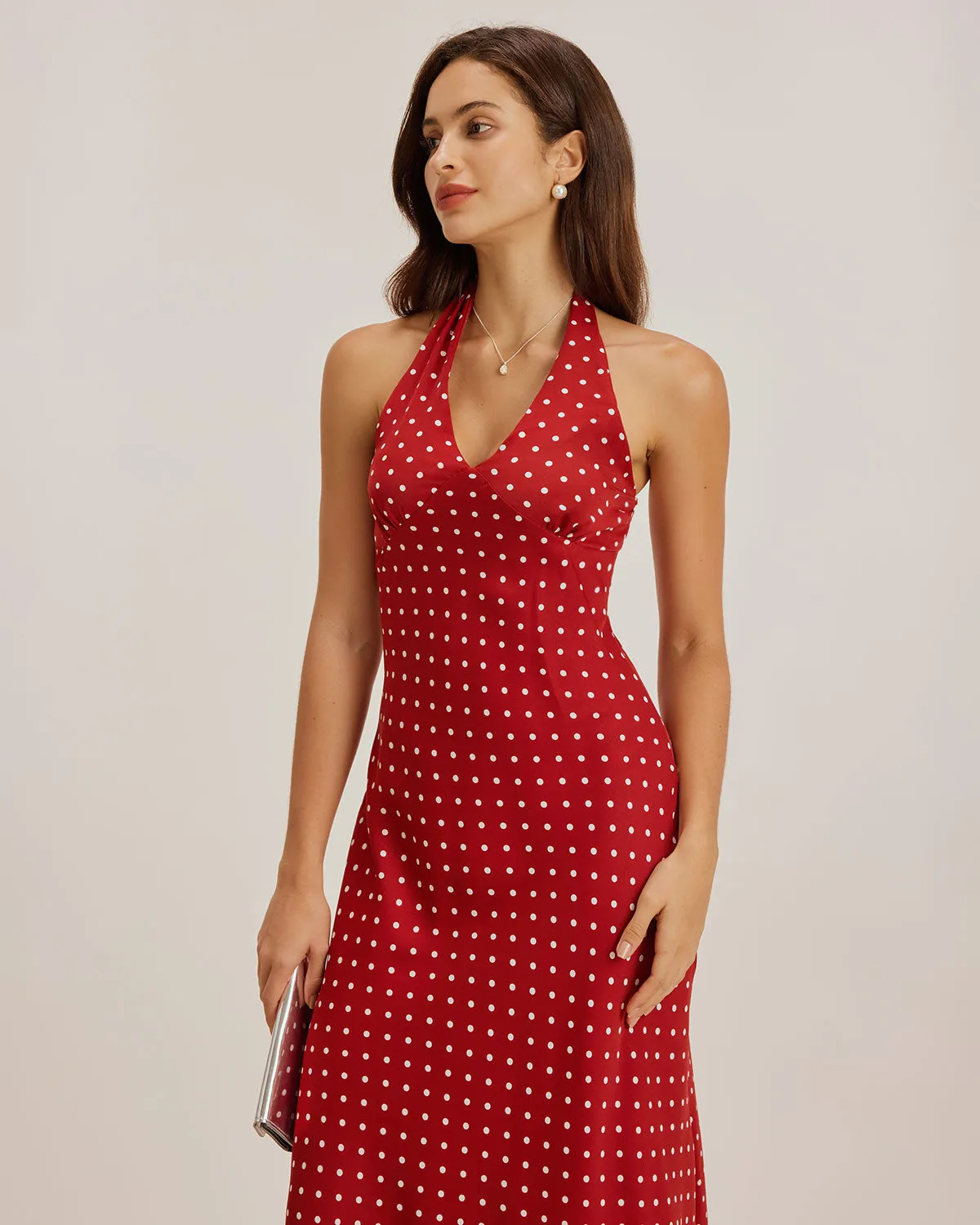 Red Polka Dot Halter Maxi Dress sold by rihoas product image thumbnail 3