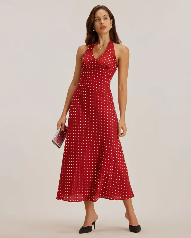 Red Polka Dot Halter Maxi Dress sold by rihoas