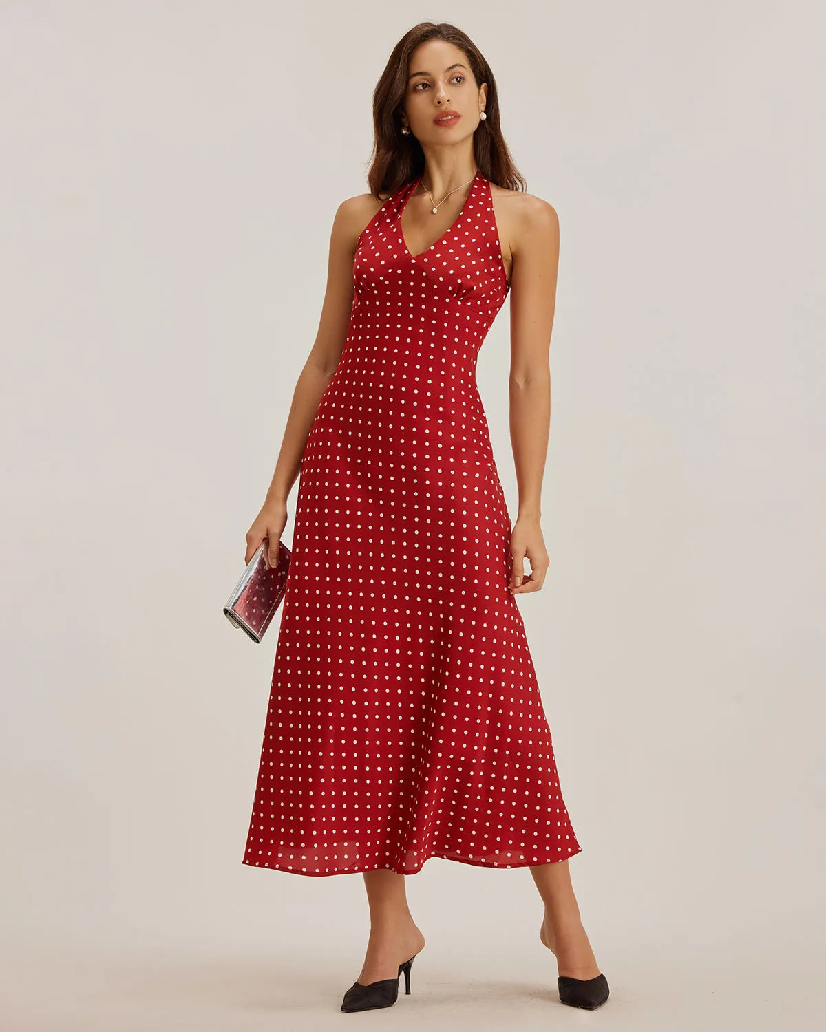 Red Polka Dot Halter Maxi Dress sold by rihoas