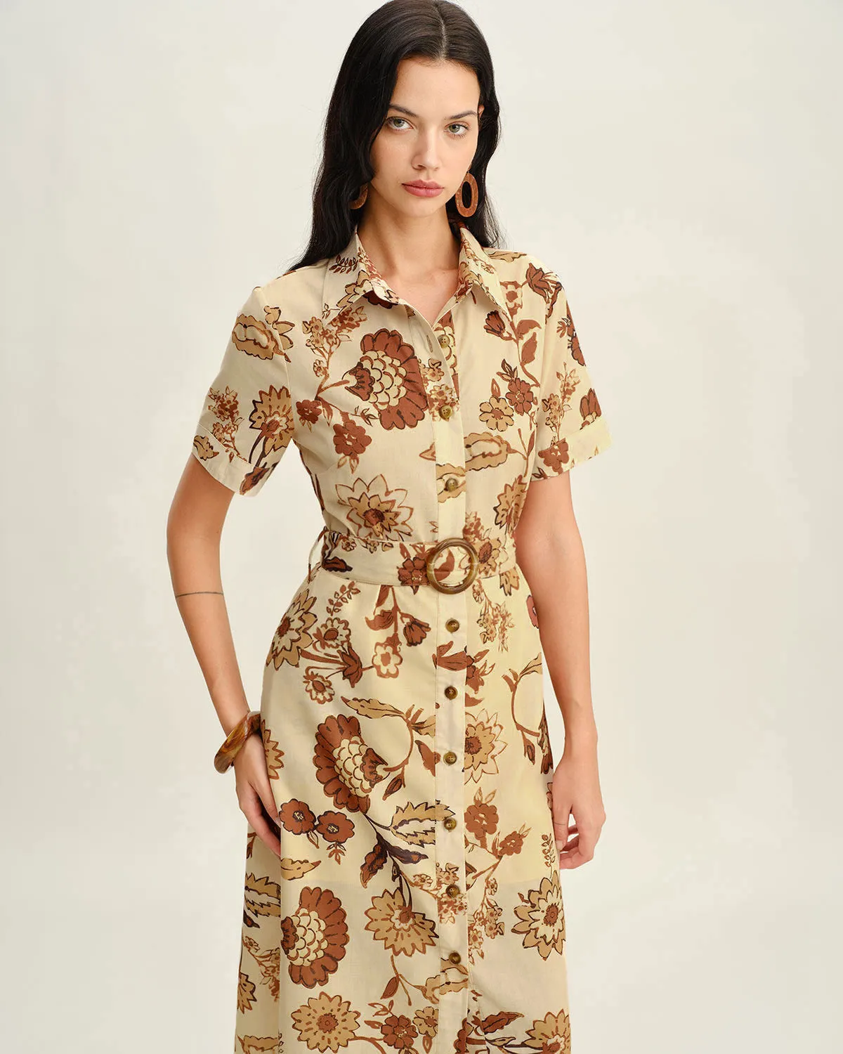 Brown Floral Belted Midi Dress sold by rihoas product image thumbnail 3