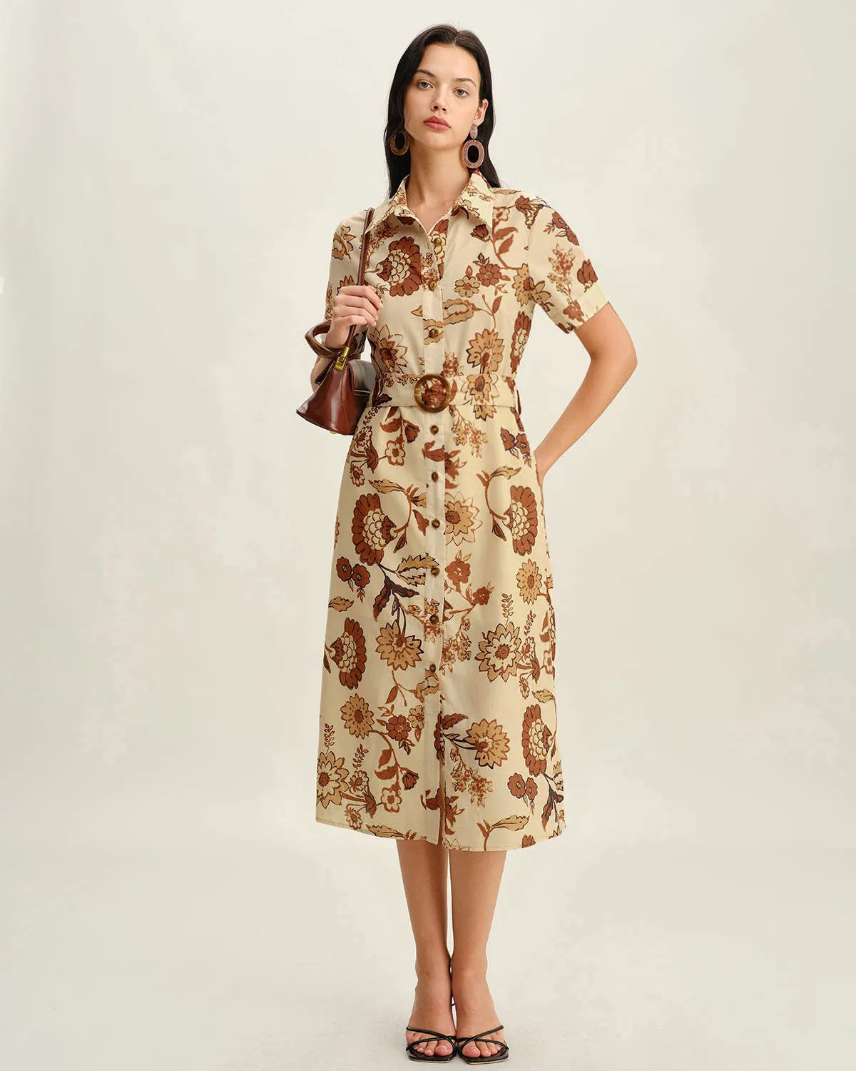Brown Floral Belted Midi Dress sold by rihoas product image thumbnail 4