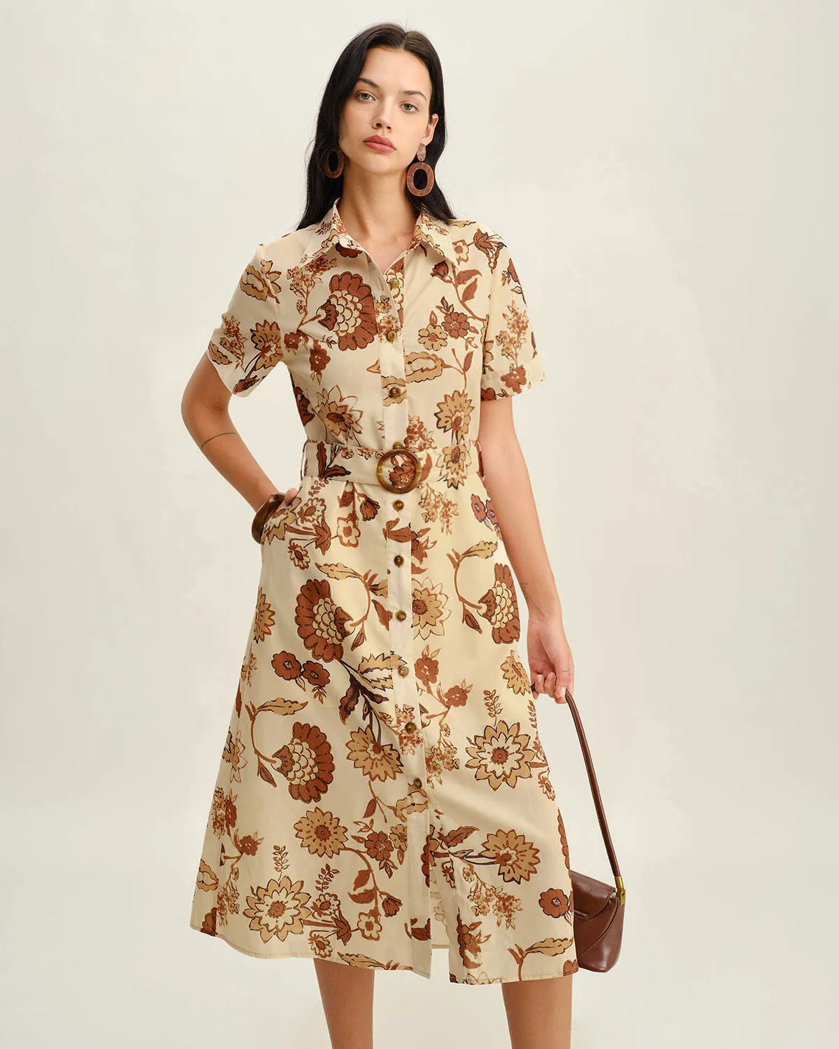 Brown Floral Belted Midi Dress sold by rihoas