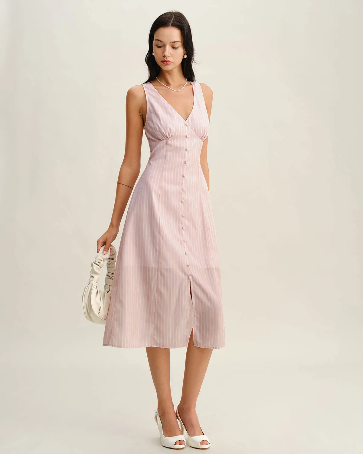 Pink Striped V Neck Sleeveless Midi Dress sold by rihoas product image thumbnail 3