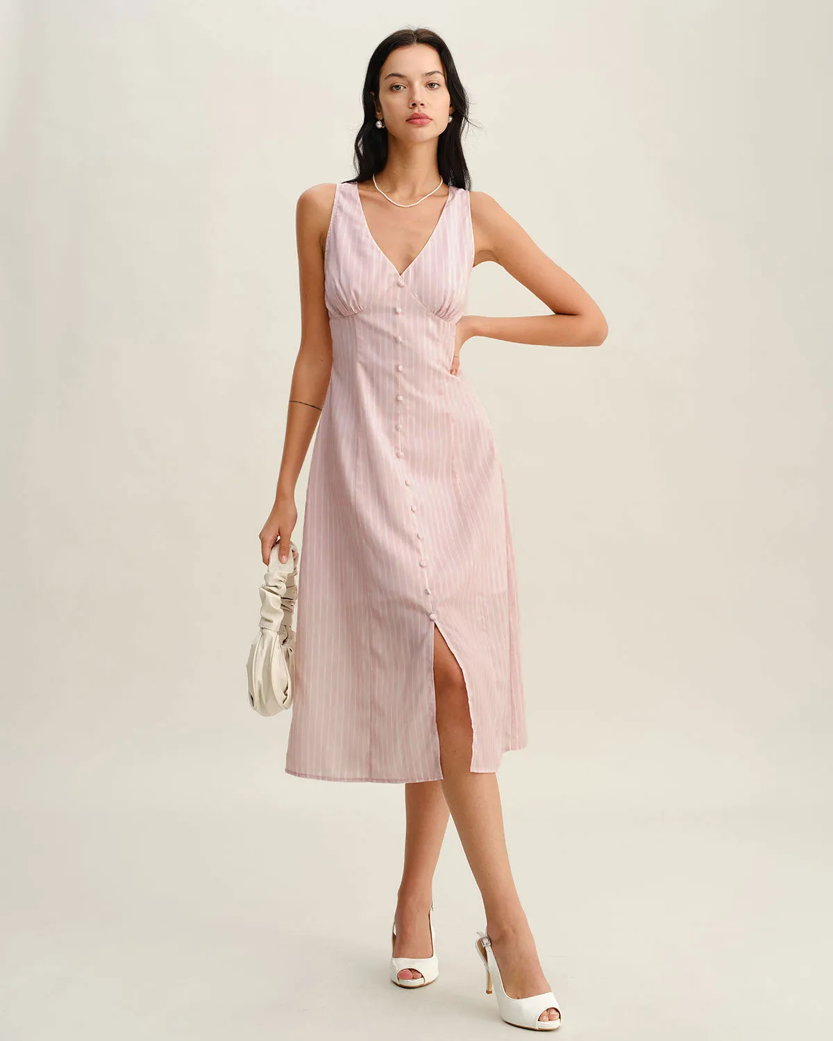 Pink Striped V Neck Sleeveless Midi Dress sold by rihoas product image thumbnail 4