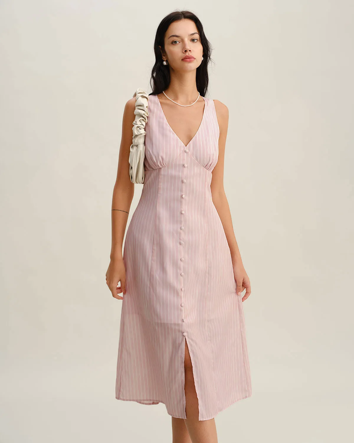 Pink Striped V Neck Sleeveless Midi Dress sold by rihoas