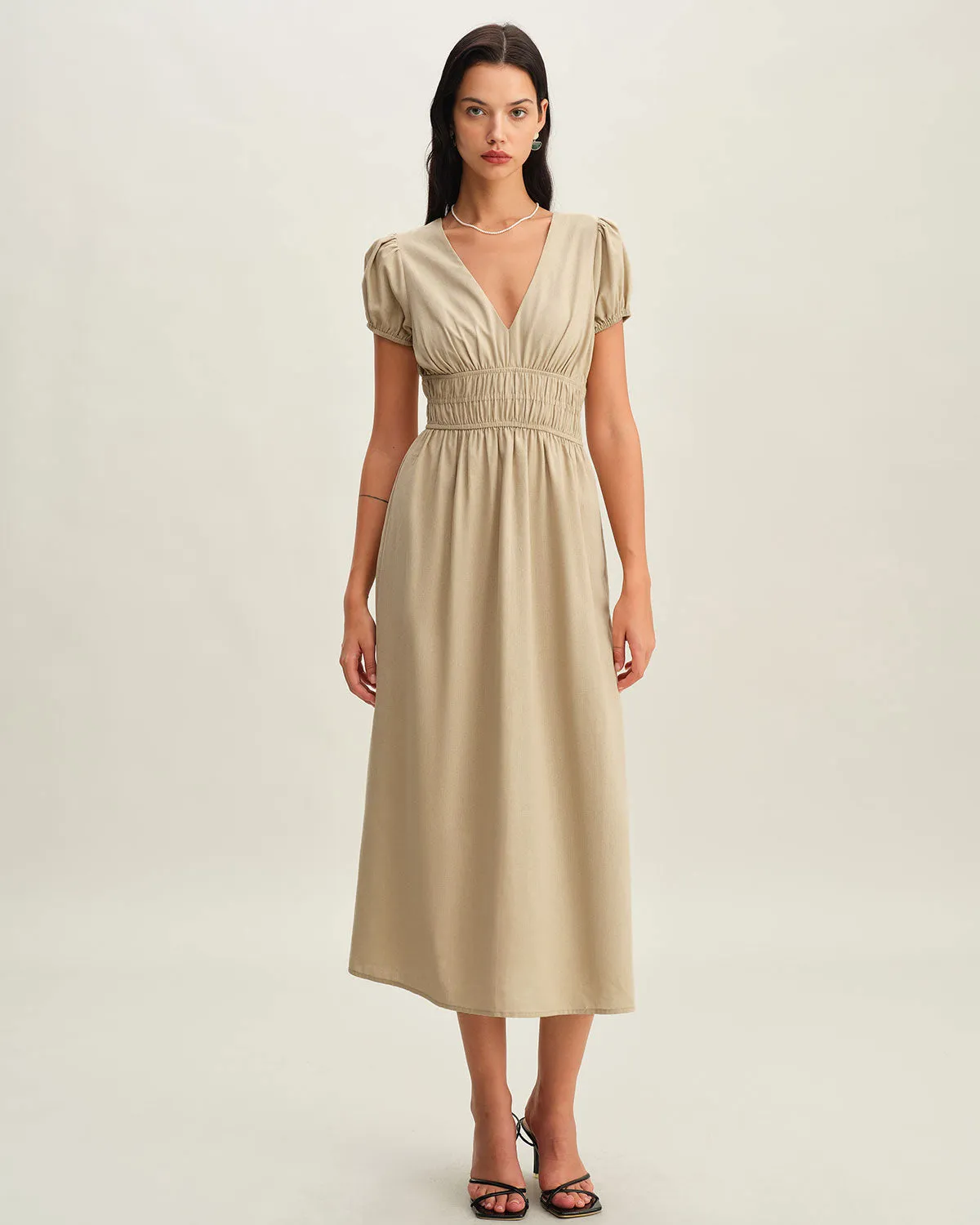 Beige Ruched Puffed Sleeve Midi Dress sold by rihoas product image thumbnail 4