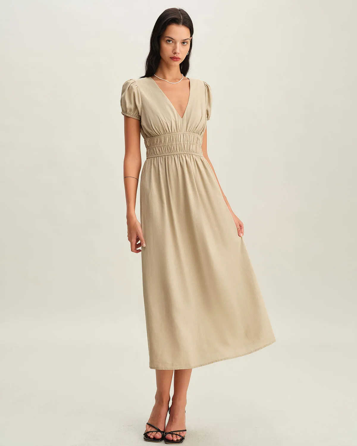 Beige Ruched Puffed Sleeve Midi Dress sold by rihoas product image thumbnail 5