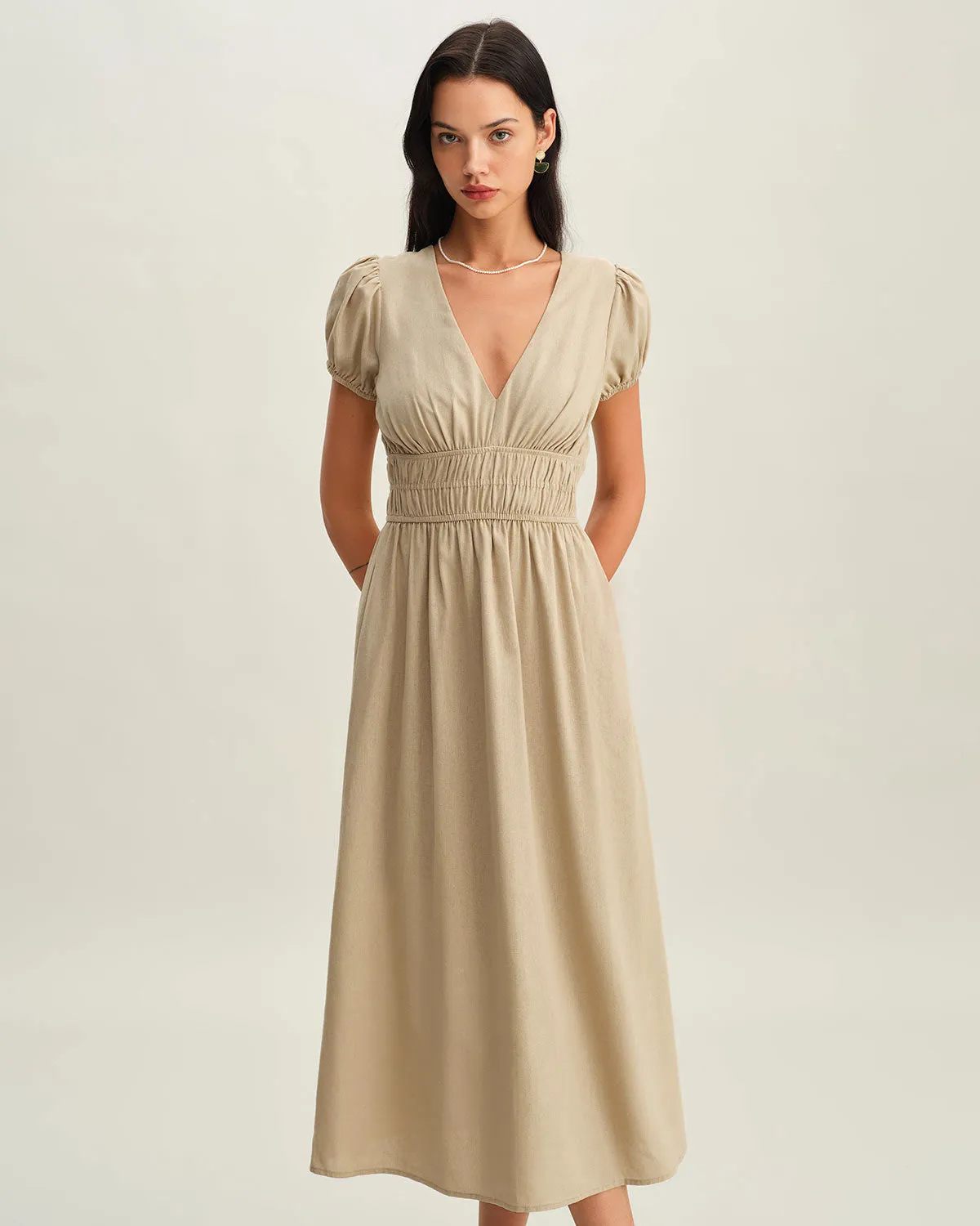 Beige Ruched Puffed Sleeve Midi Dress sold by rihoas