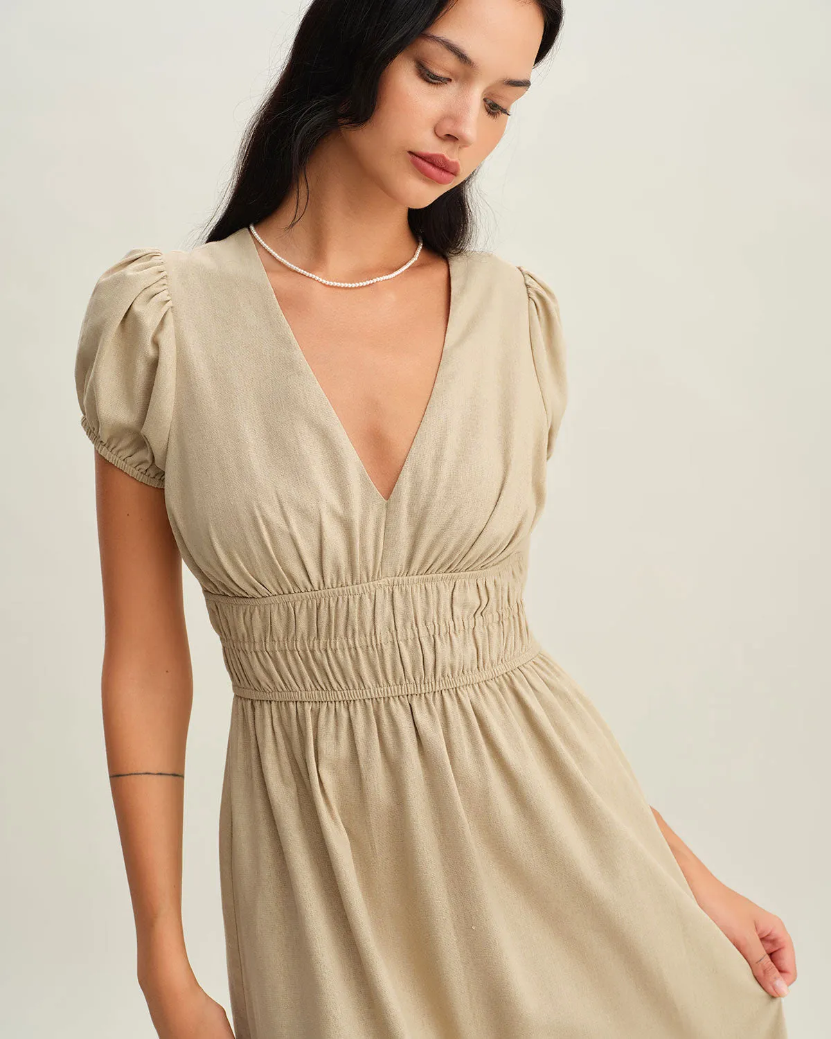 Beige Ruched Puffed Sleeve Midi Dress sold by rihoas product image thumbnail 2