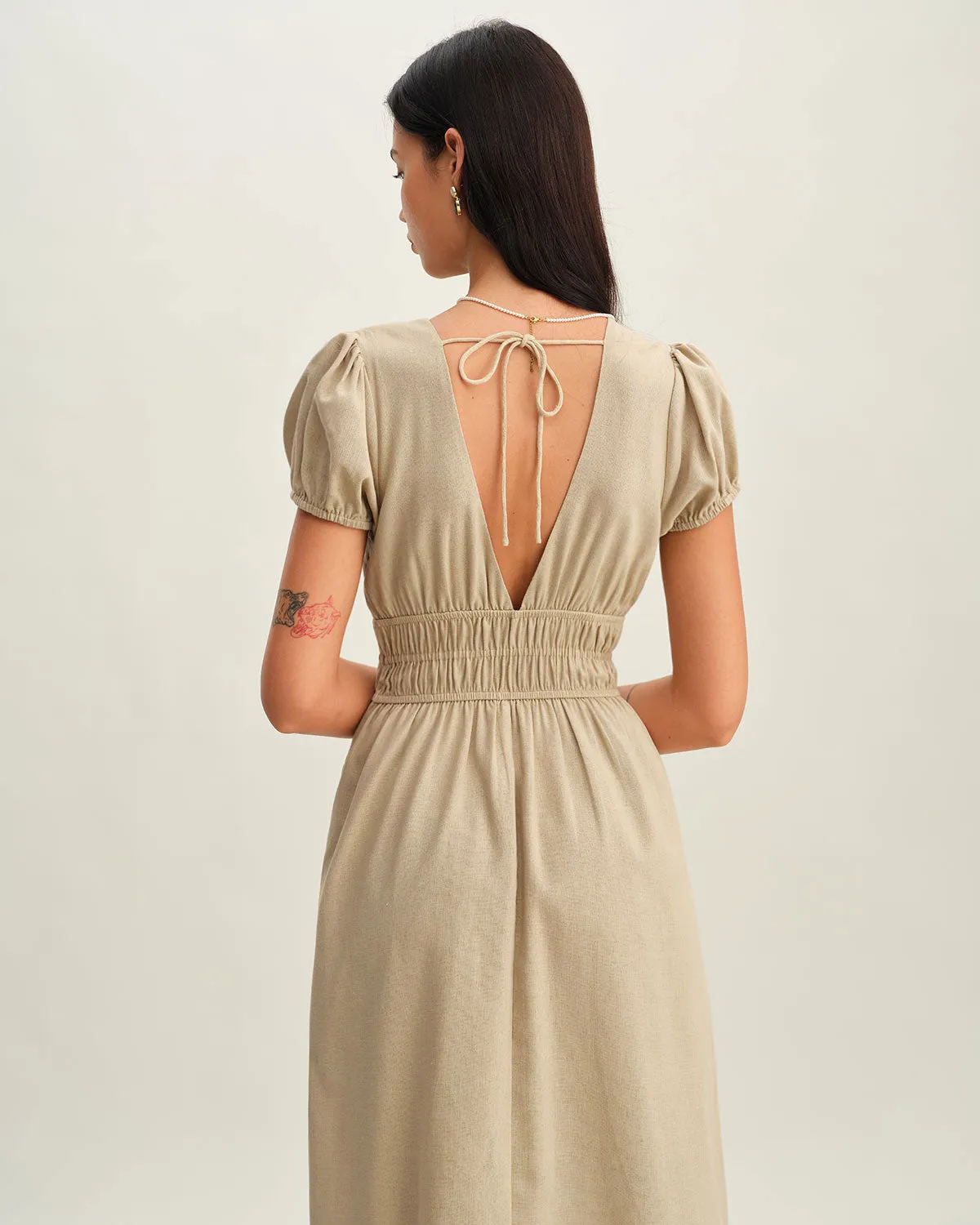 Beige Ruched Puffed Sleeve Midi Dress sold by rihoas product image thumbnail 3