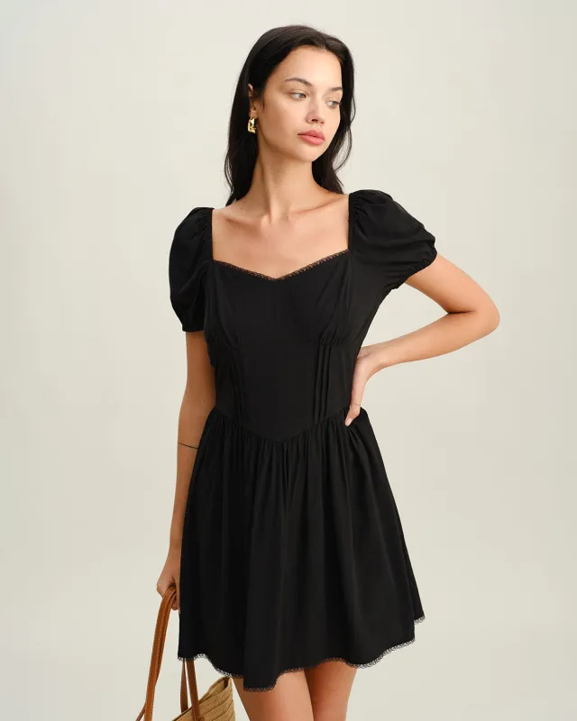 Black Sweetheart Neck Puffed Sleeve Mini Dress sold by rihoas