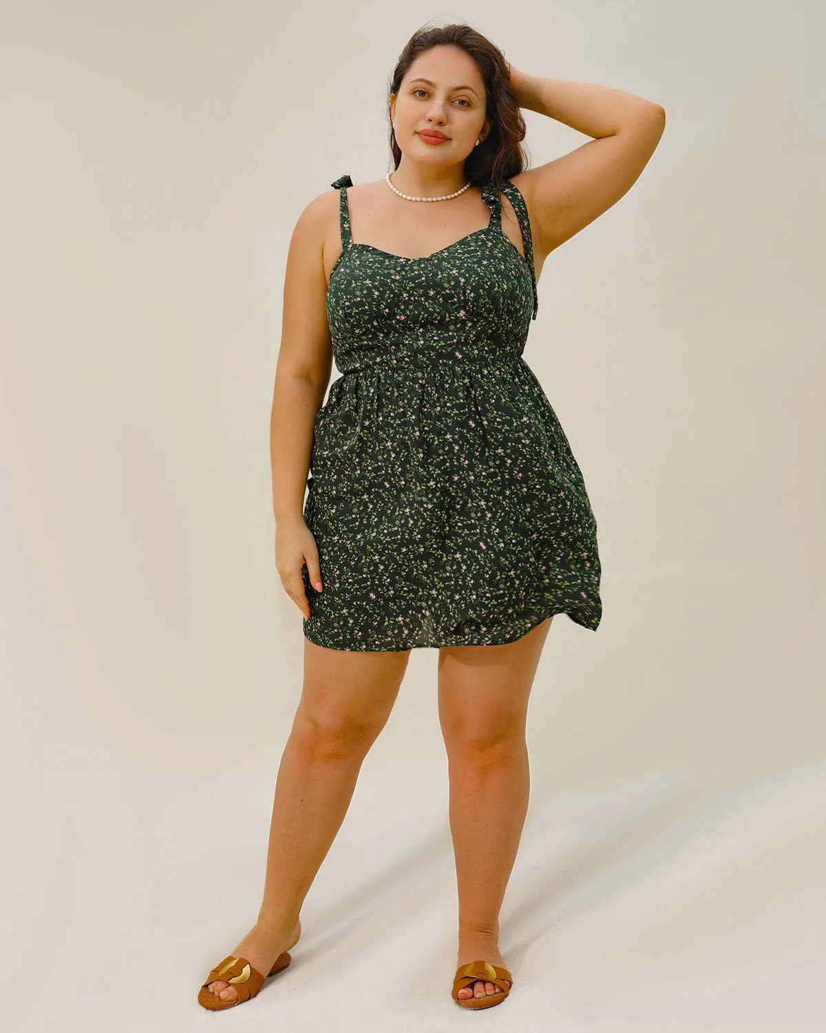 Green Floral Tie Strap Plus Size Mini Dress sold by rihoas product image thumbnail 3