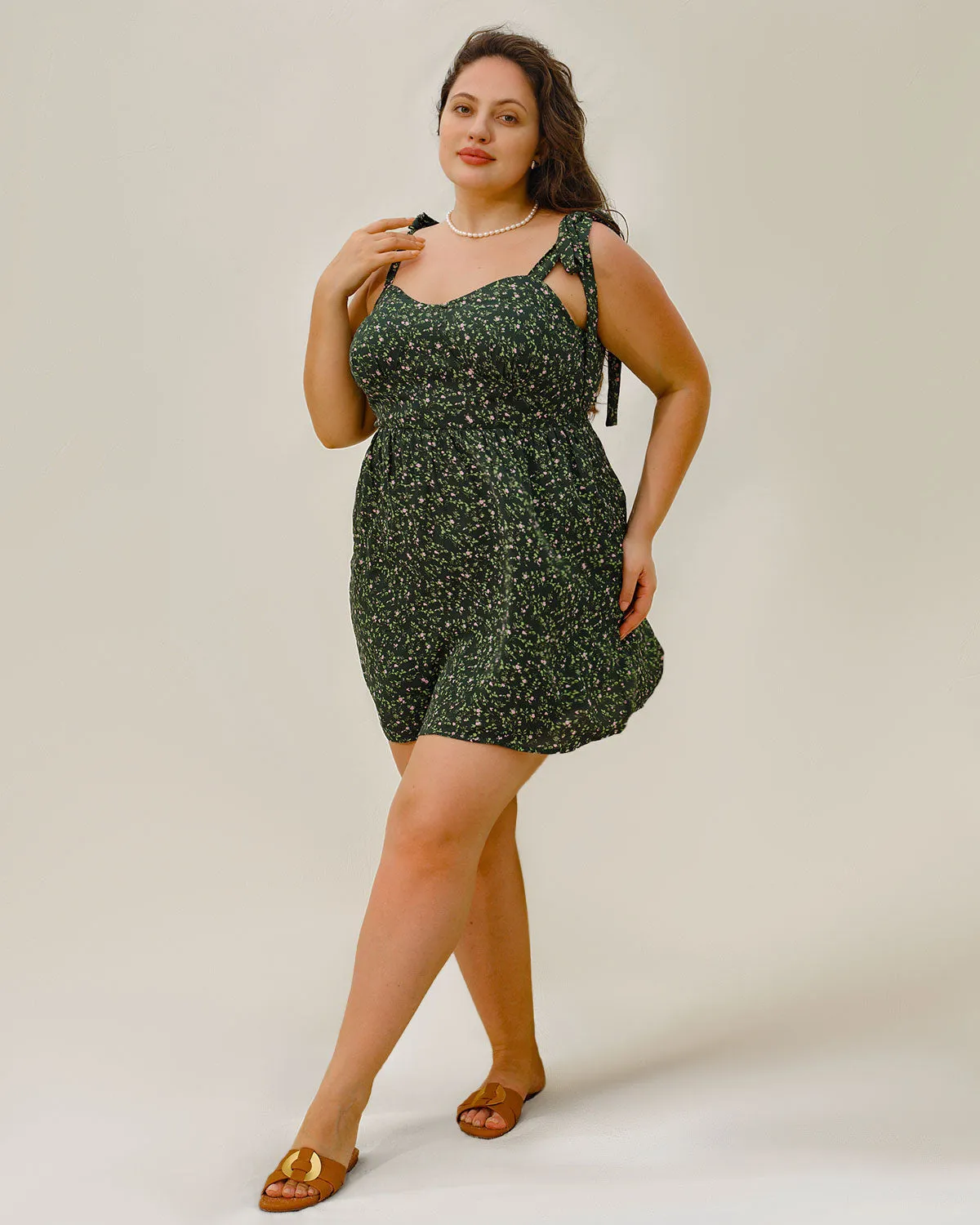 Green Floral Tie Strap Plus Size Mini Dress sold by rihoas product image thumbnail 2