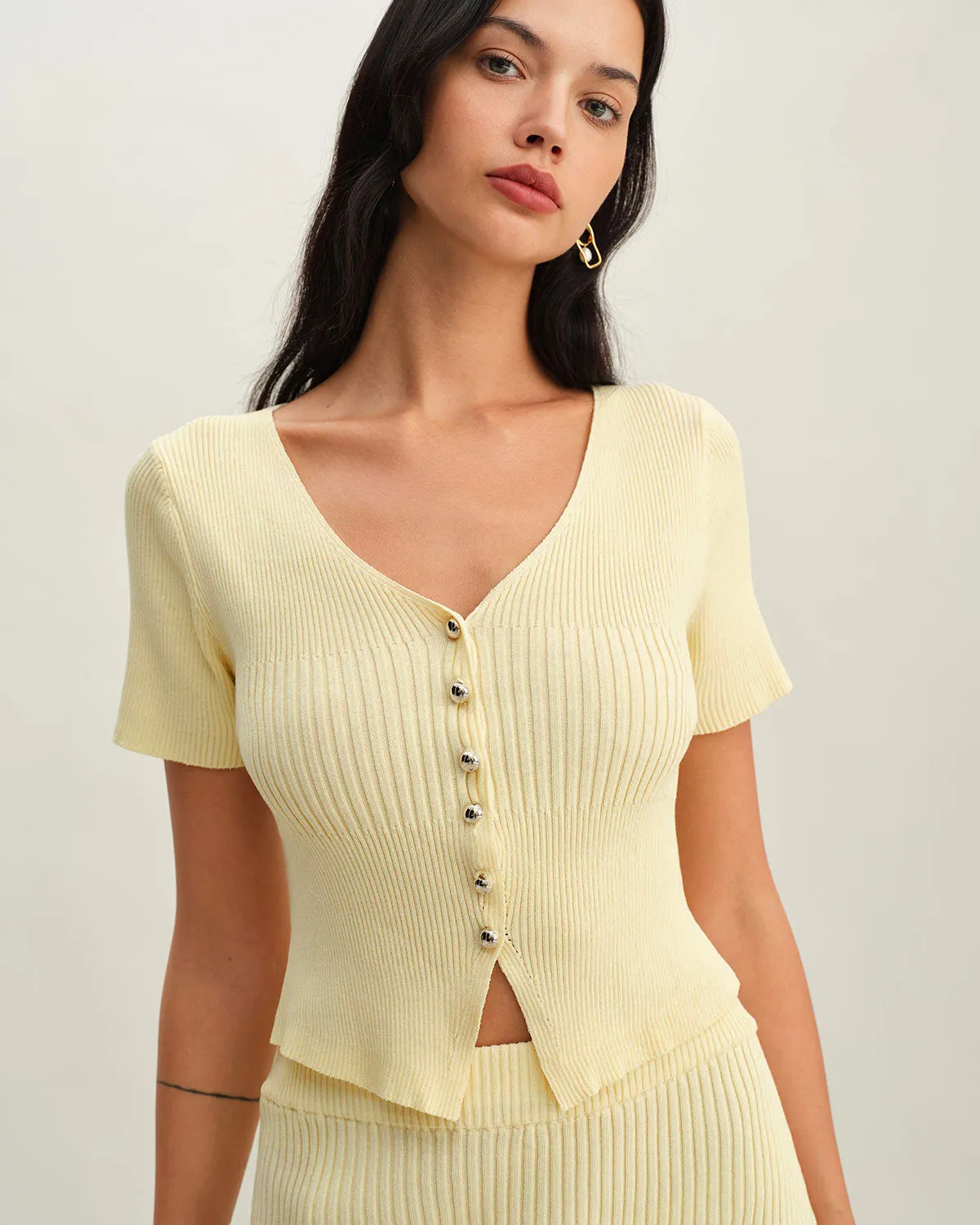 Beige V Neck Button Knit Cardigan sold by rihoas product image thumbnail 2