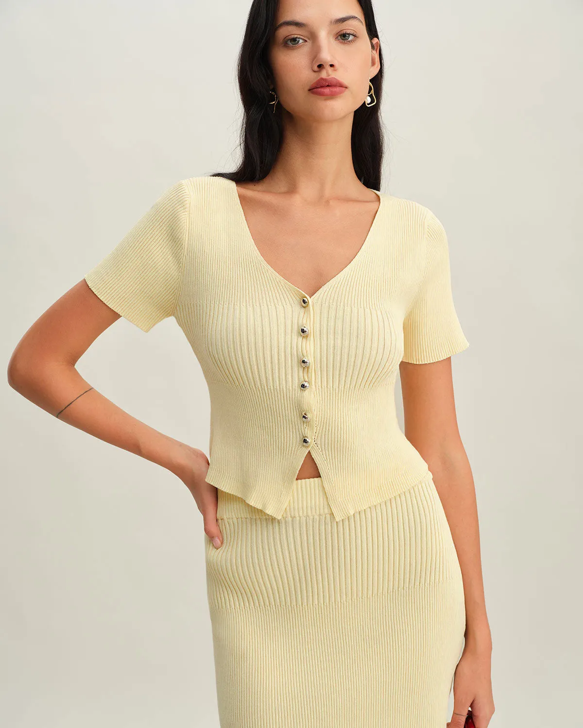 Beige V Neck Button Knit Cardigan sold by rihoas