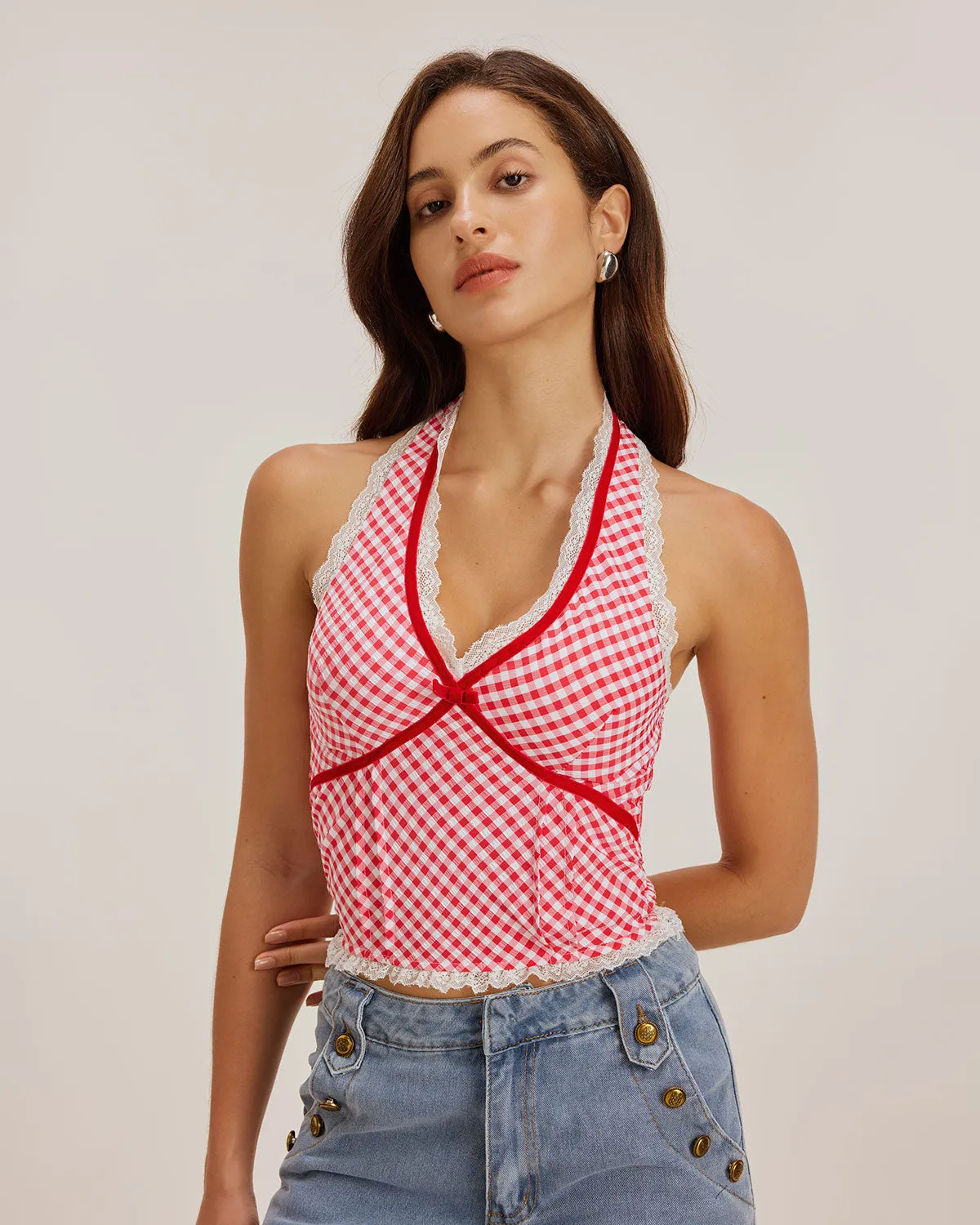 Red Plaid Halter Tank Top sold by rihoas
