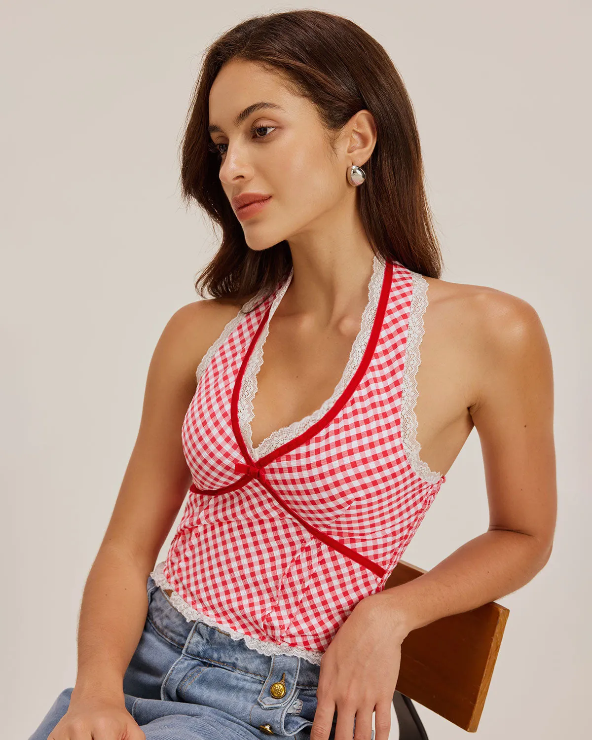 Red Plaid Halter Tank Top sold by rihoas product image thumbnail 3