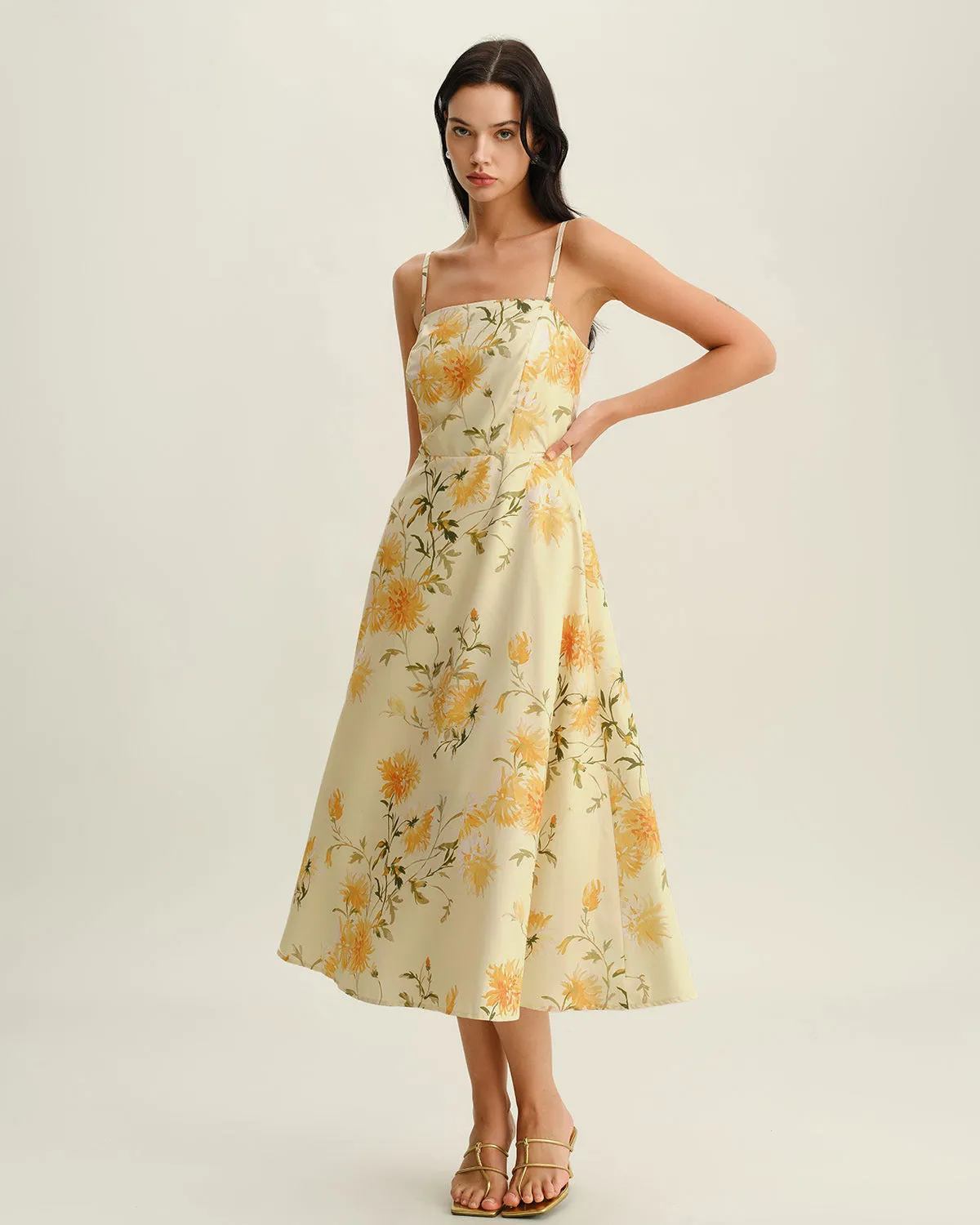 Yellow Floral Shirred Slip Midi Dress sold by rihoas product image thumbnail 4