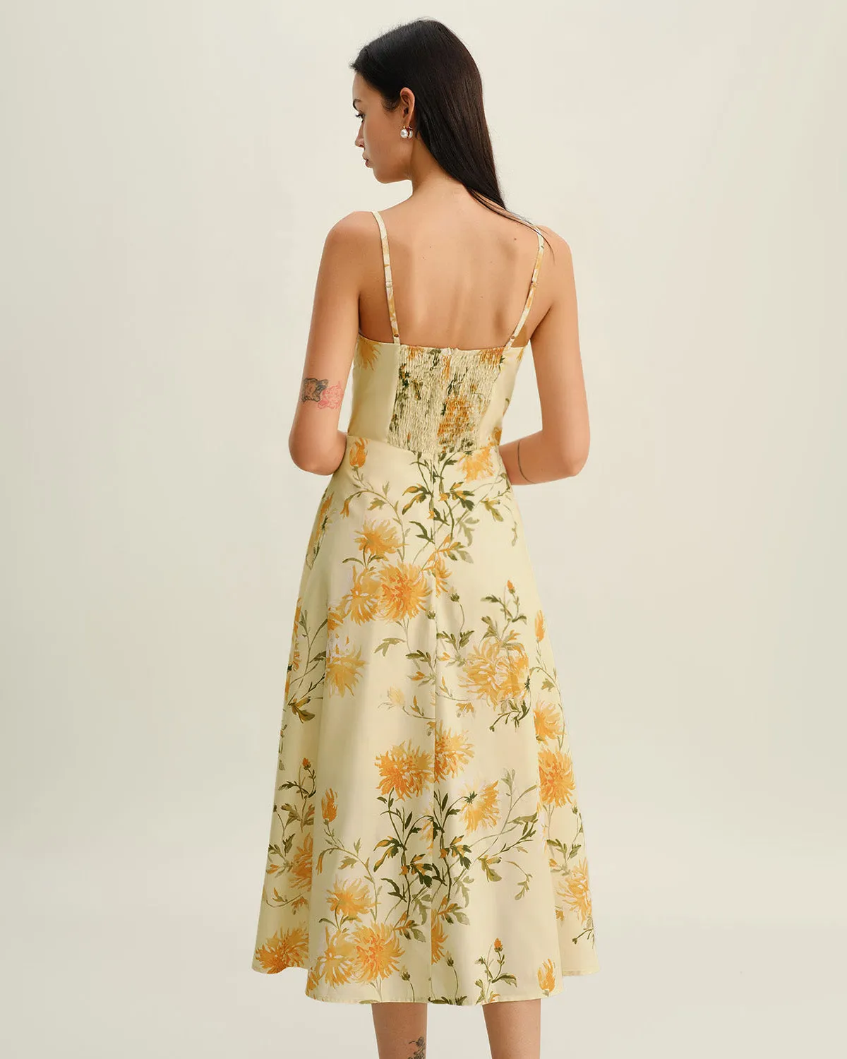 Yellow Floral Shirred Slip Midi Dress sold by rihoas product image thumbnail 5