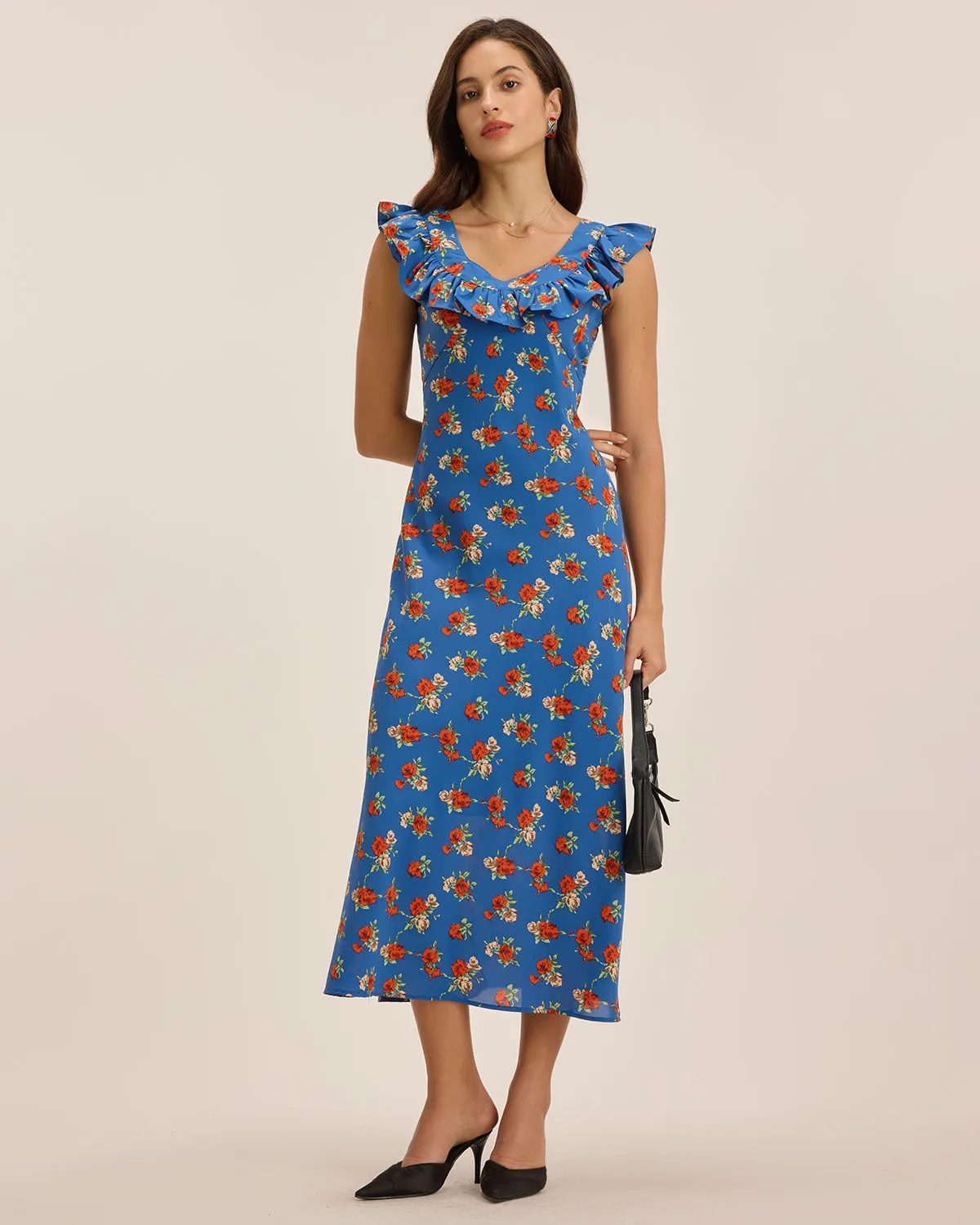 Blue Floral Ruffle Sleeveless Maxi Dress sold by rihoas