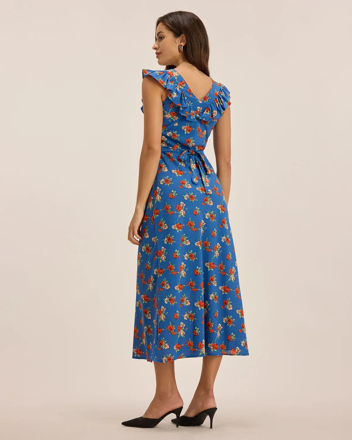 Blue Floral Ruffle Sleeveless Maxi Dress sold by rihoas product image thumbnail 5