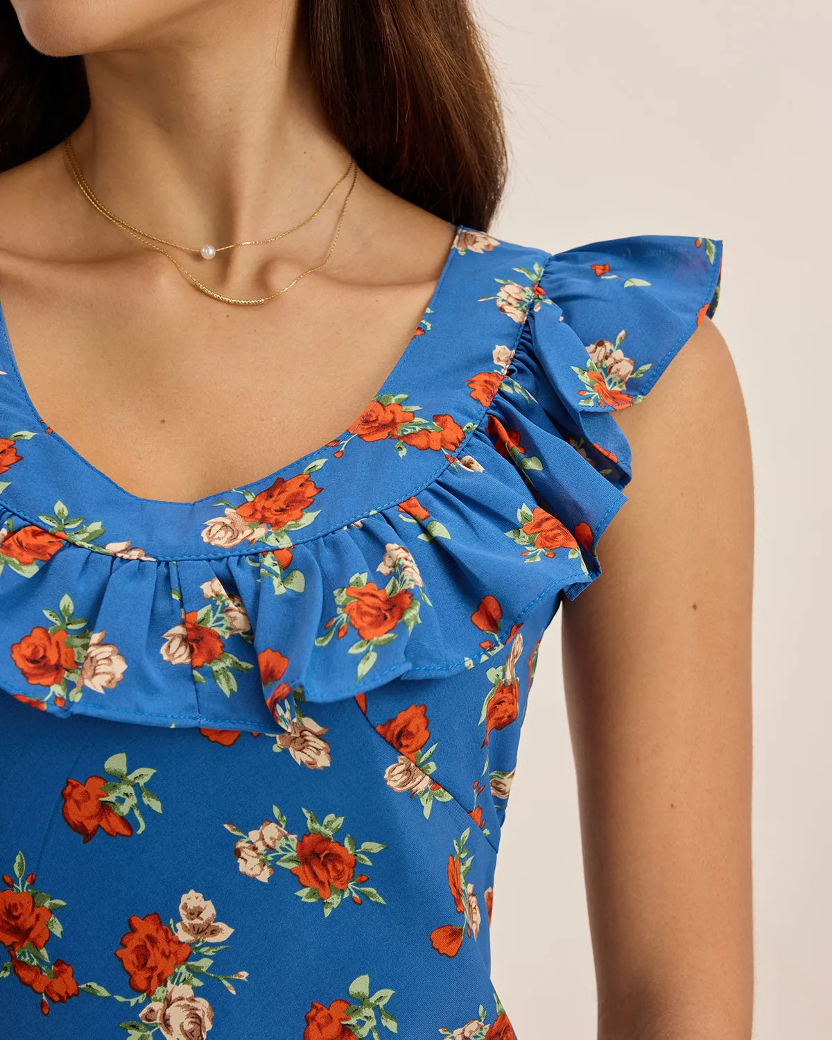 Blue Floral Ruffle Sleeveless Maxi Dress sold by rihoas product image thumbnail 2