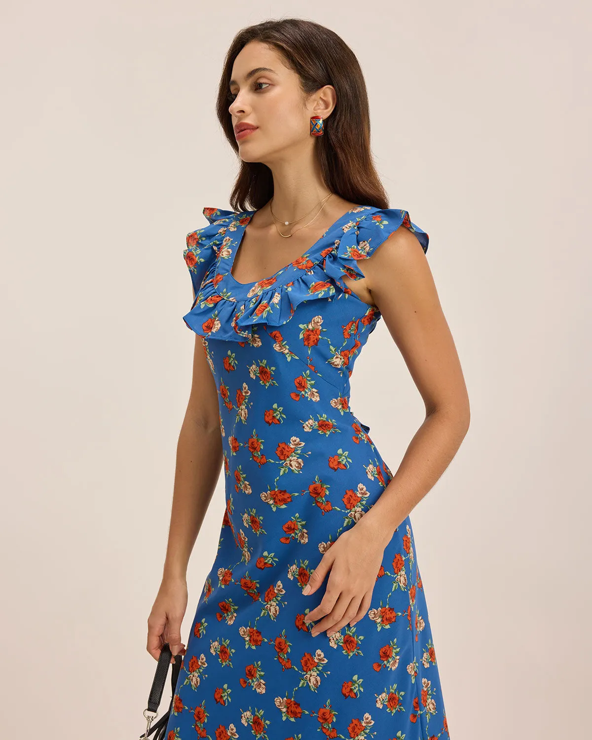 Blue Floral Ruffle Sleeveless Maxi Dress sold by rihoas product image thumbnail 4
